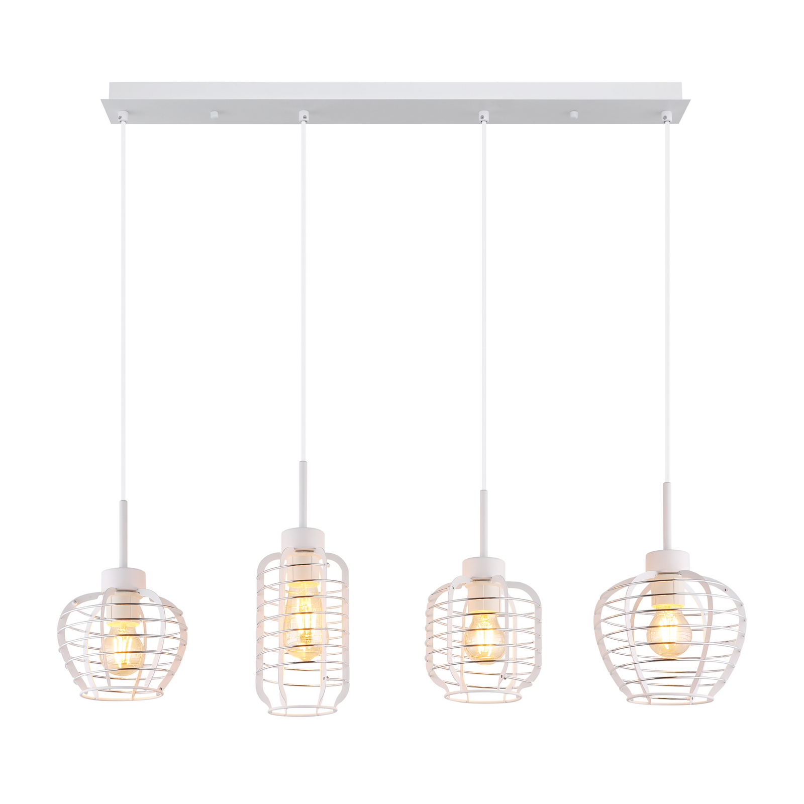 Lampă suspendată Nesa, lungime 90 cm, alb/crom, metal, cu 4 becuri. Lampă suspendată Nesa, lungime 90 cm, alb/crom, metal, cu 4 becuri.