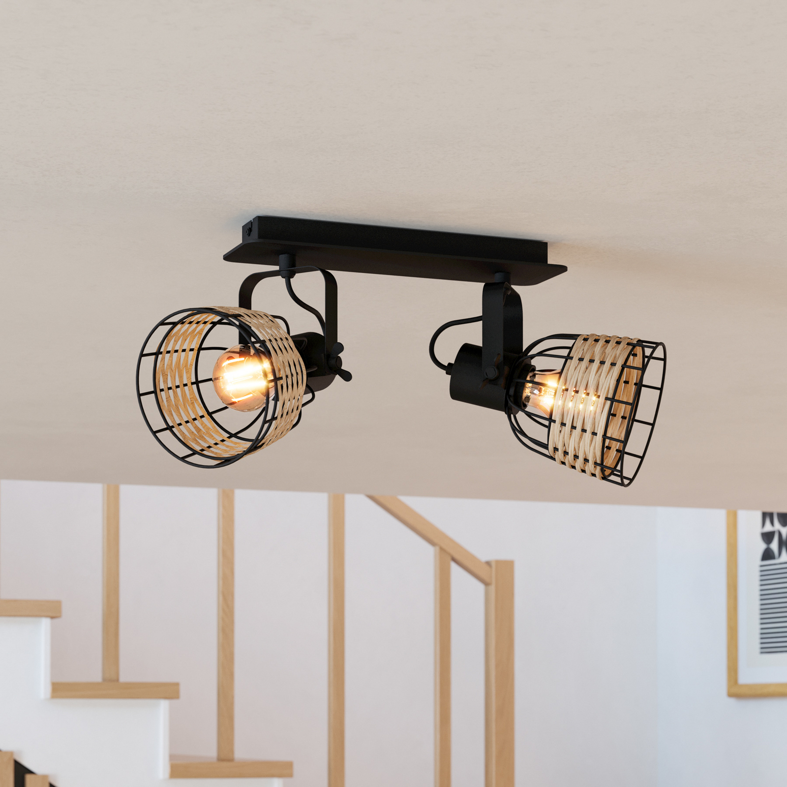 Stropné svietidlo Anwick 1 oceľ/ratan, 2-plameňové