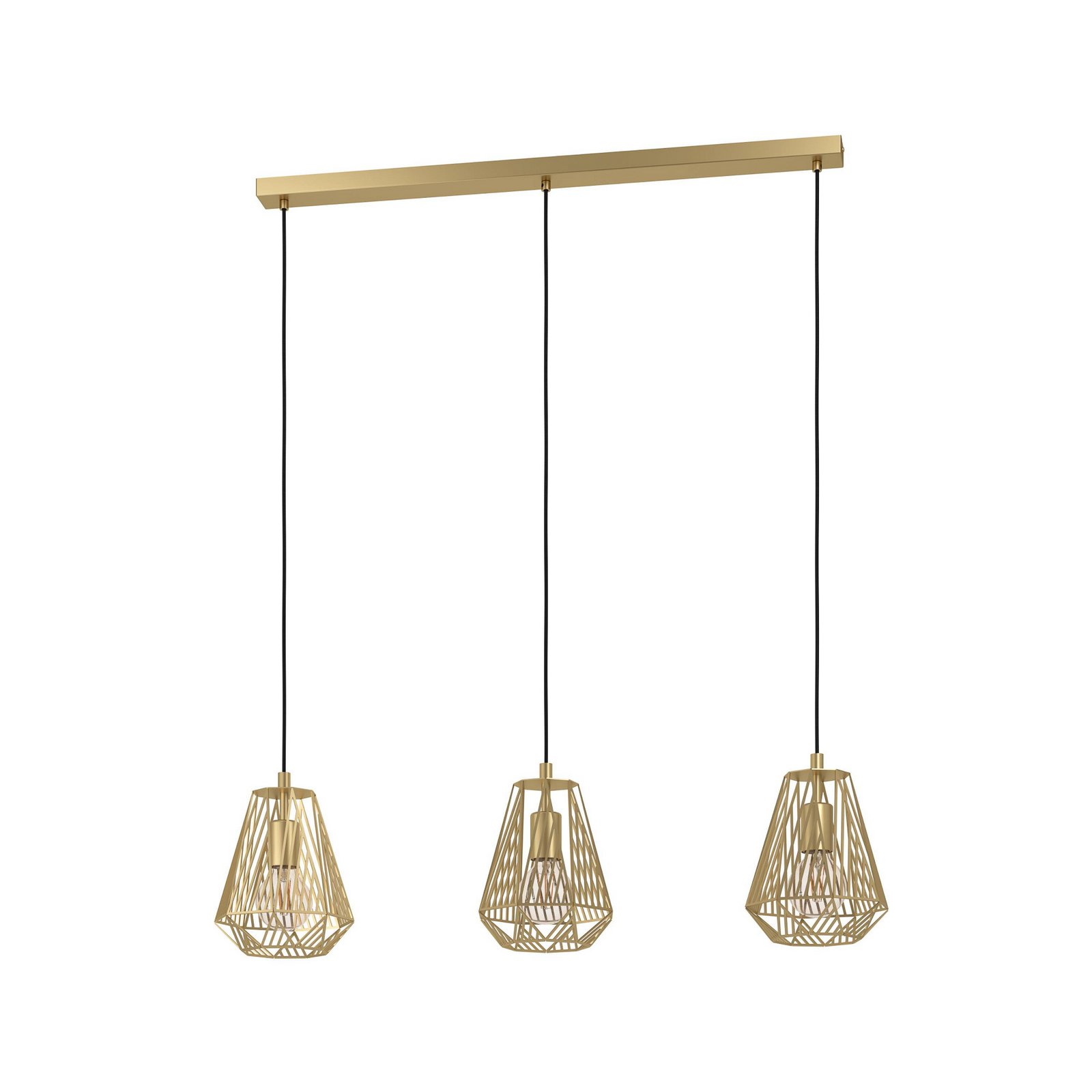 Stype hanging light, gold-coloured, length 96 cm, steel, 3-bulb.