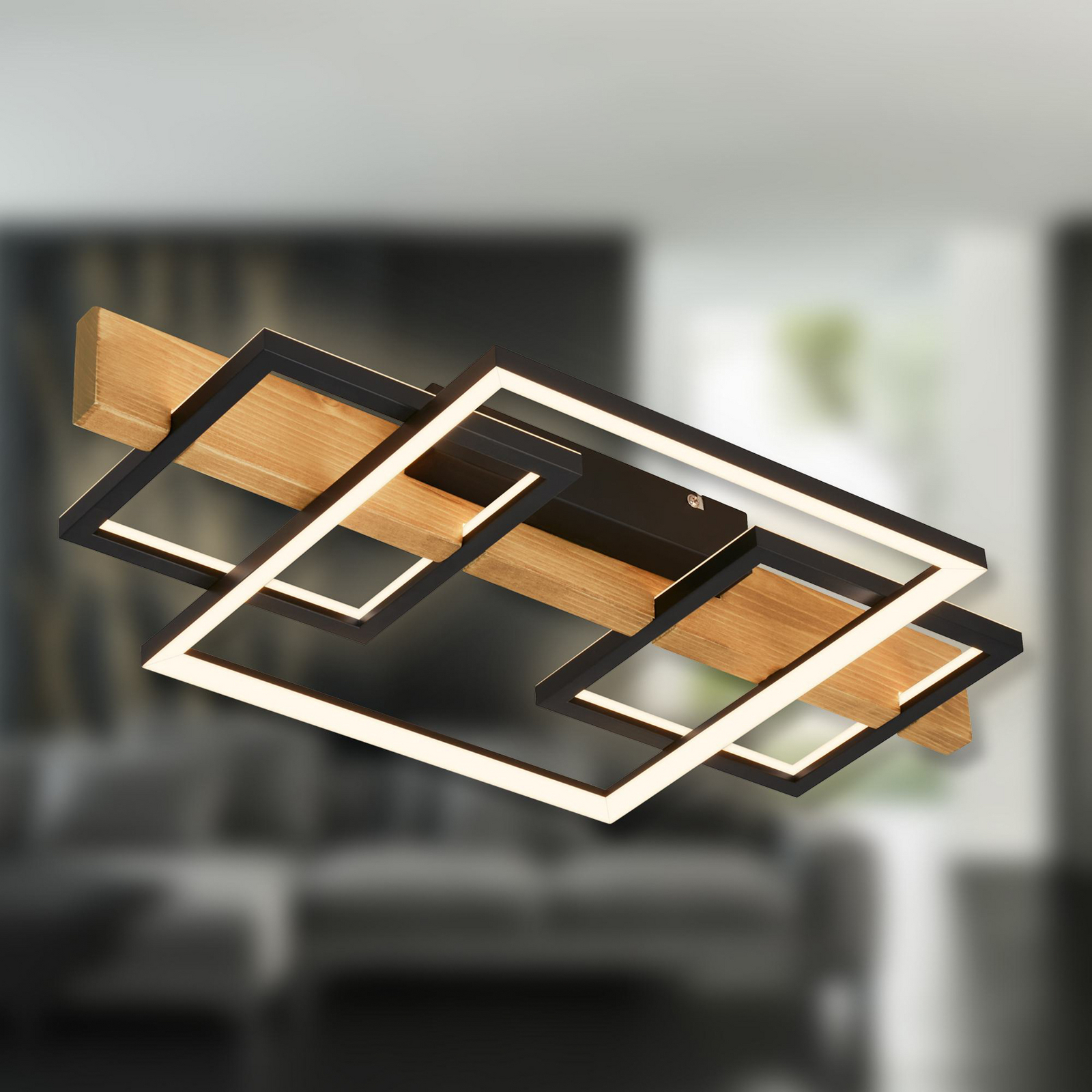 LED-Deckenleuchte Cadre, 3000K, 55cm, schwarz, Holz