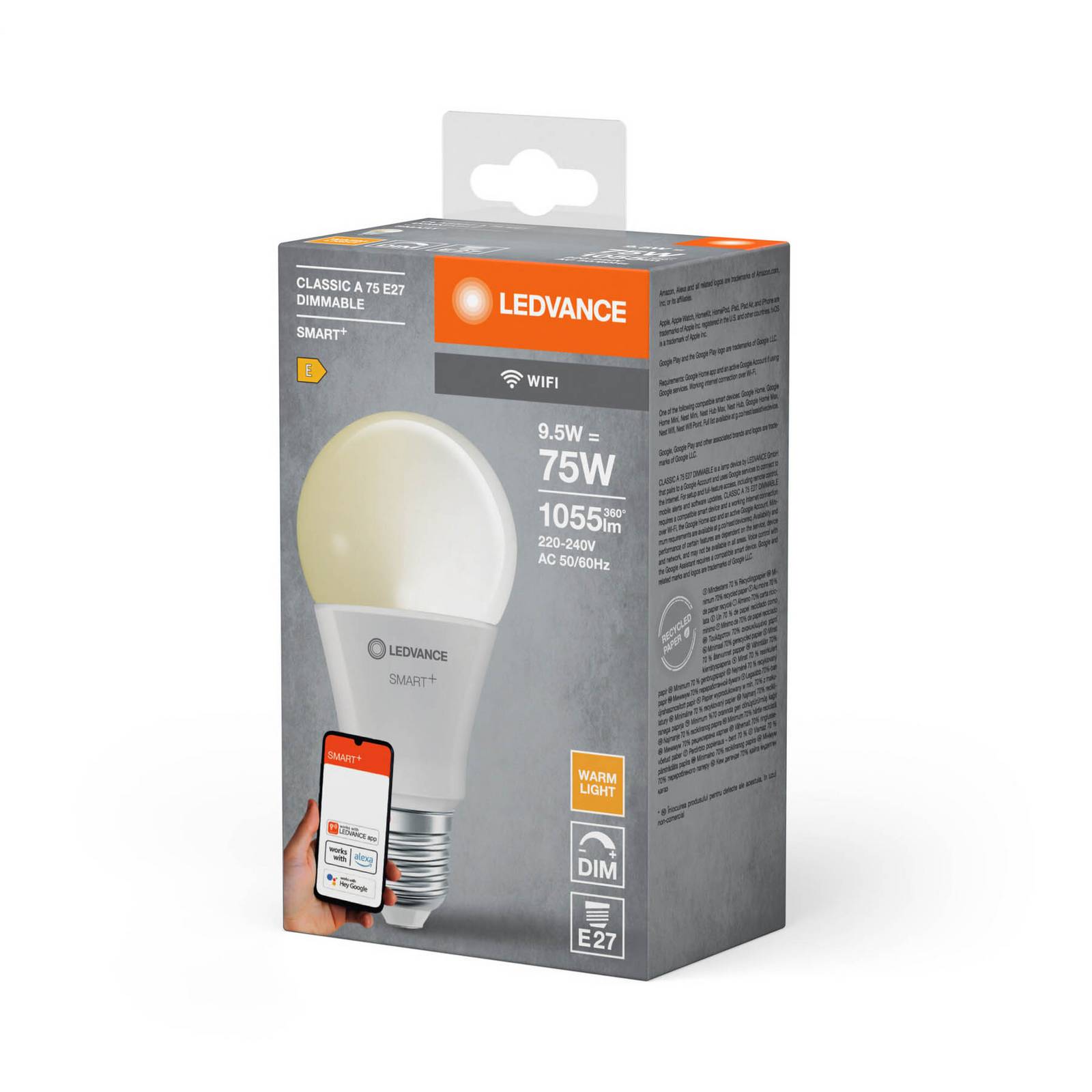 LEDVANCE SMART+ Żarówka LED WiFi E27, 9,5W Classic, 2 700K