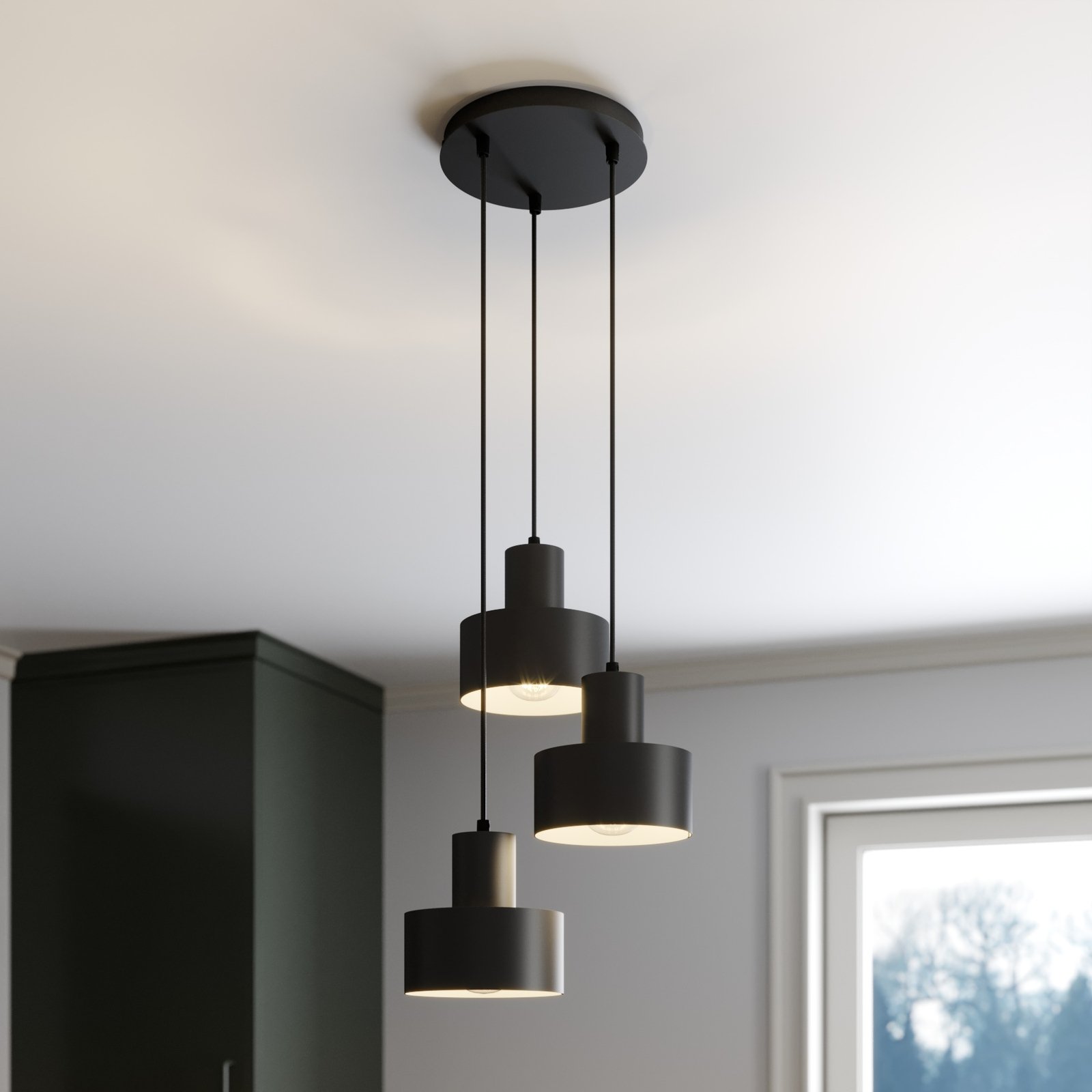 Rif hanging light, round, 3-bulb, black