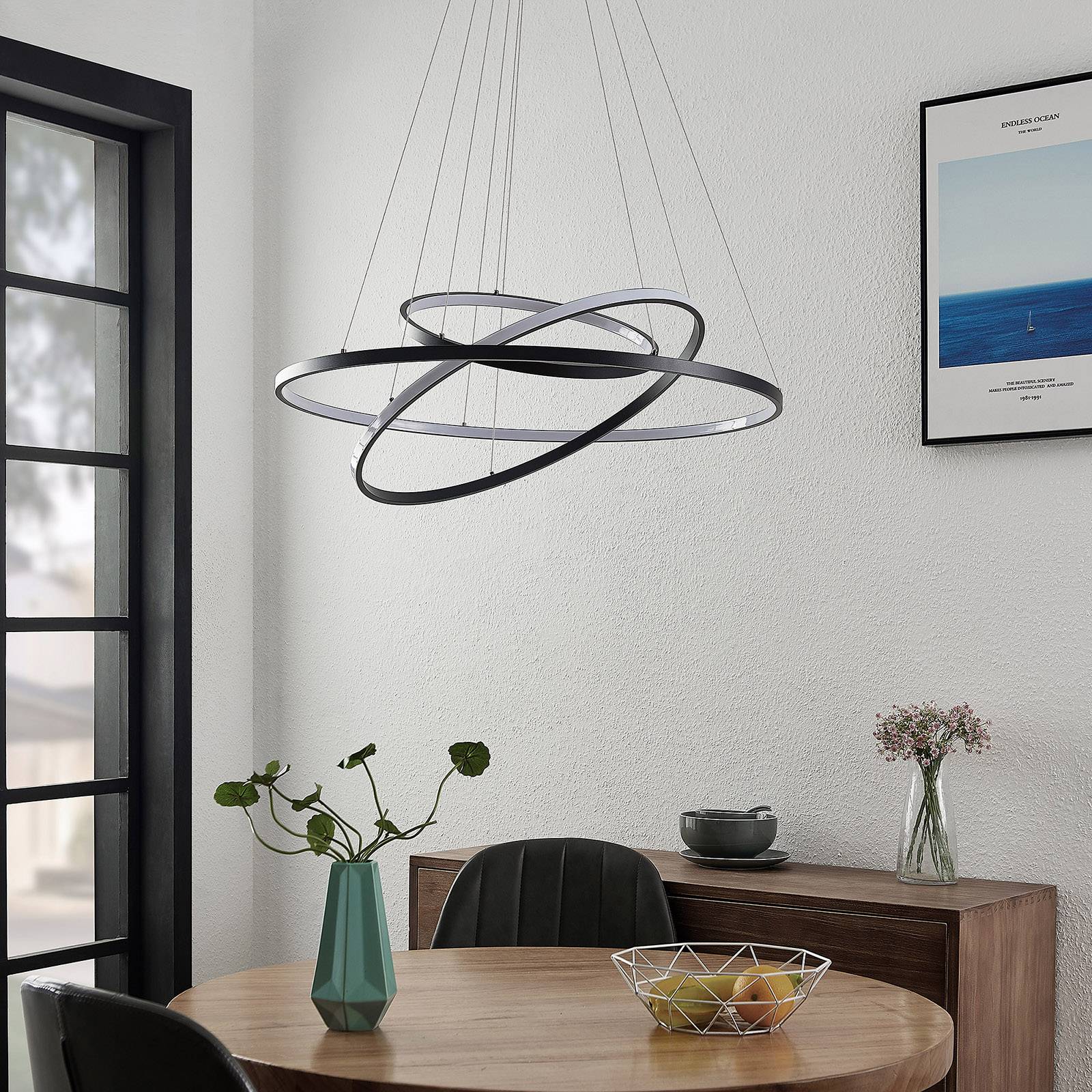 Lampa wisząca LED Lucande Ezana, czarna, metal, Ø 80 cm