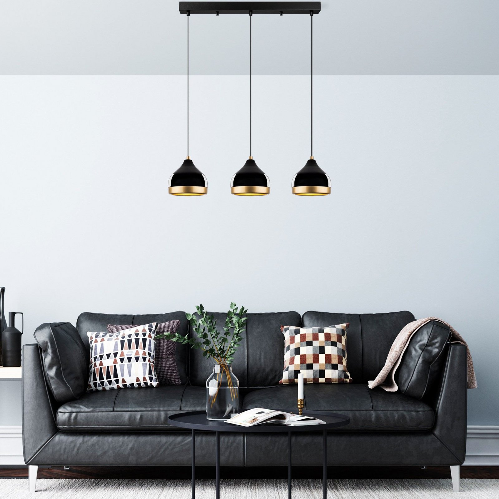 Hängeleuchte Yildo, linear, 3-flammig, schwarz/gold, Metall