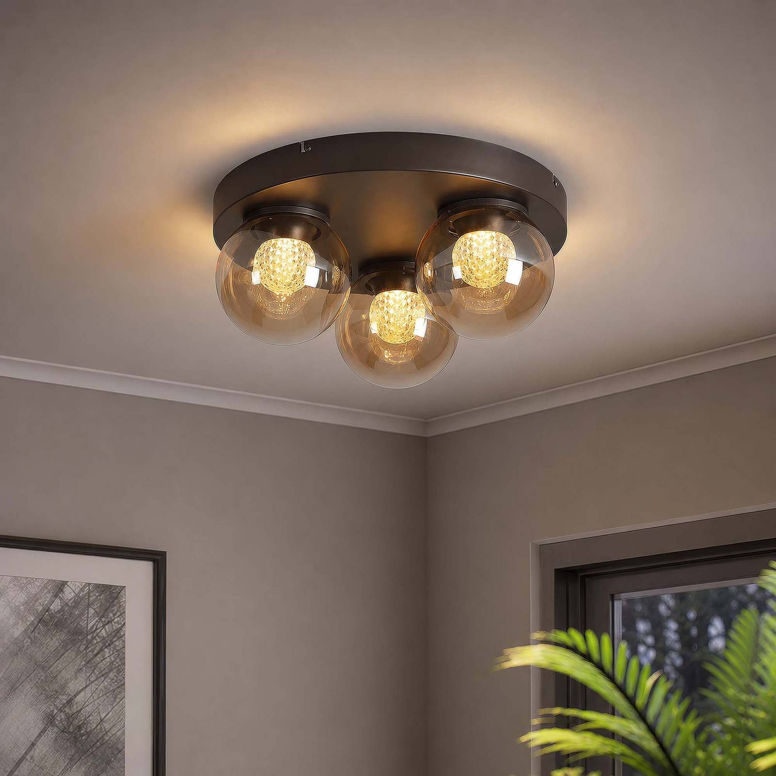 Searchlight LED plafondlamp Solis, 3-lamps, rond, brons, glas, 2.700 K