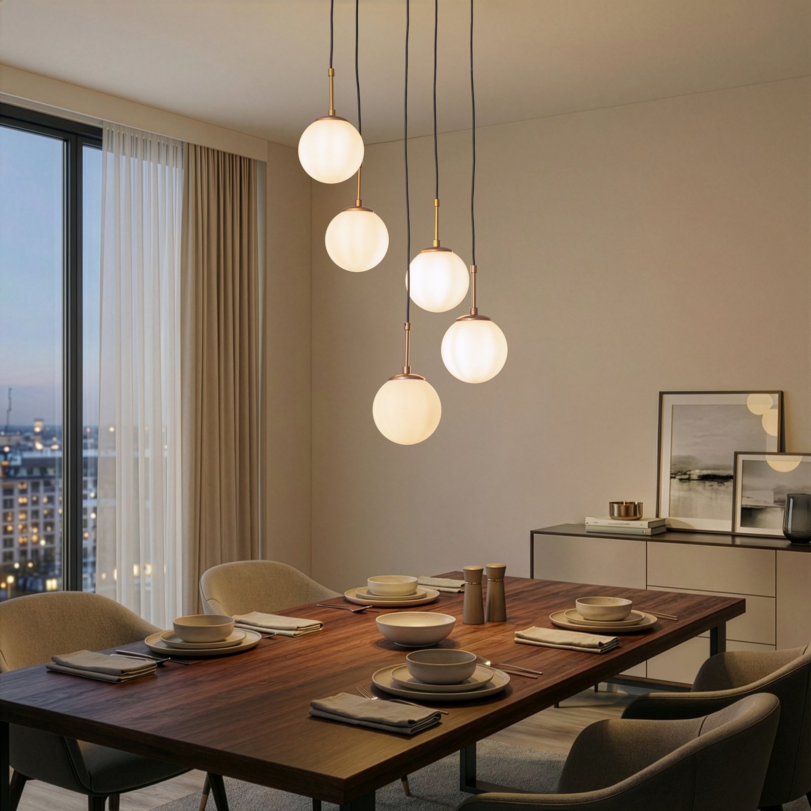 Suspension Orbital, blanc/doré, à 5 lampes, verre, métal, E14