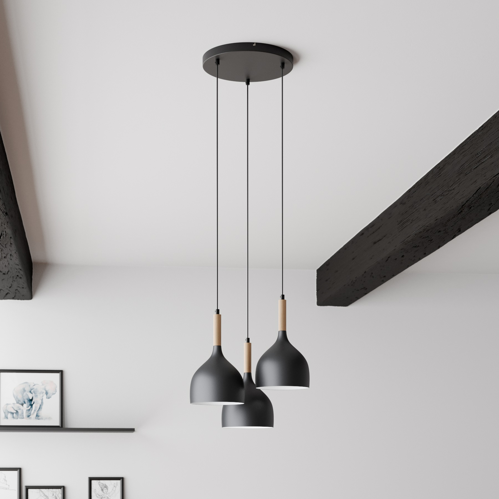 Hanglamp Noak 3-lamps rond zwart/hout naturel