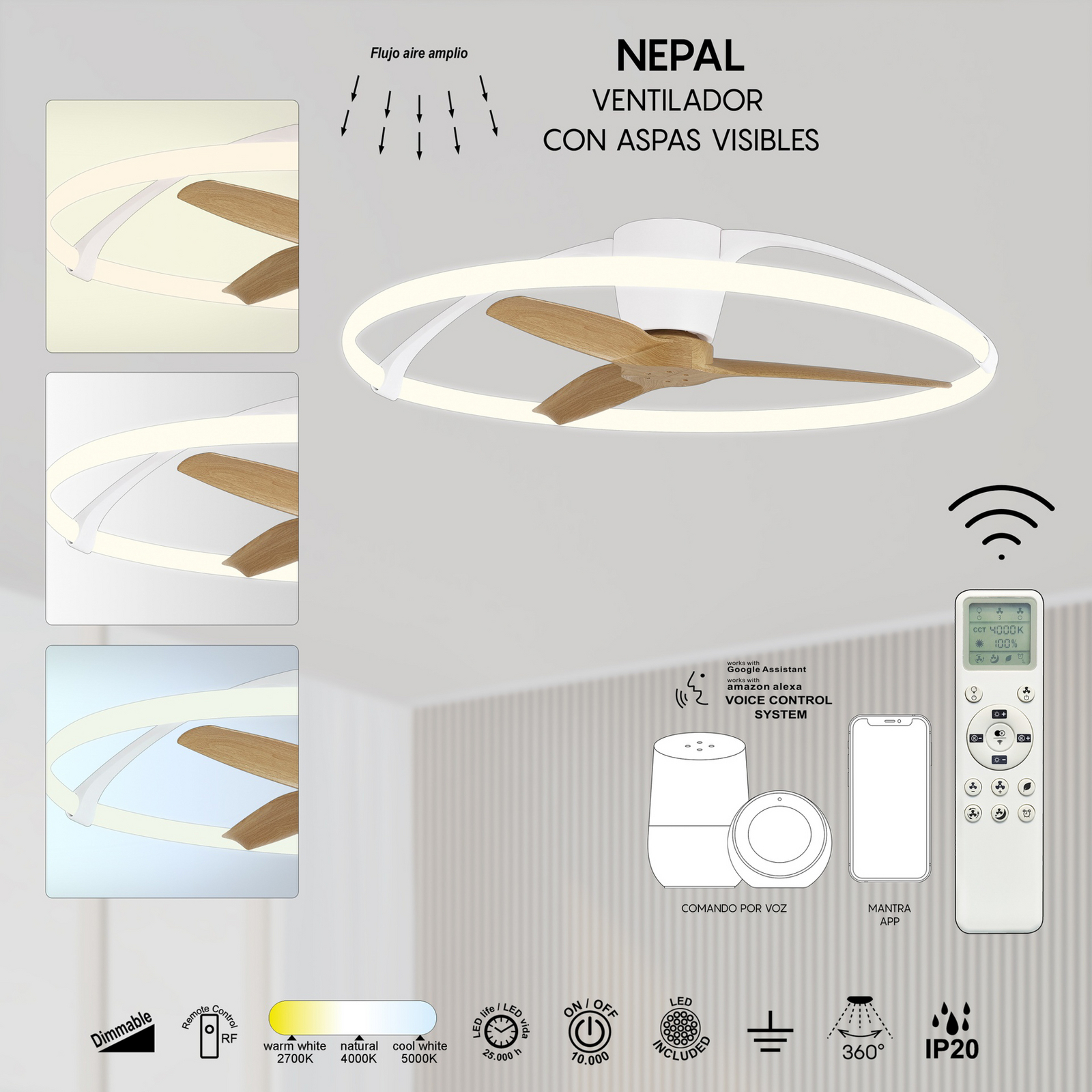 Smart LED-Deckenventilator Nepal, weiß/buche, DC, leise
