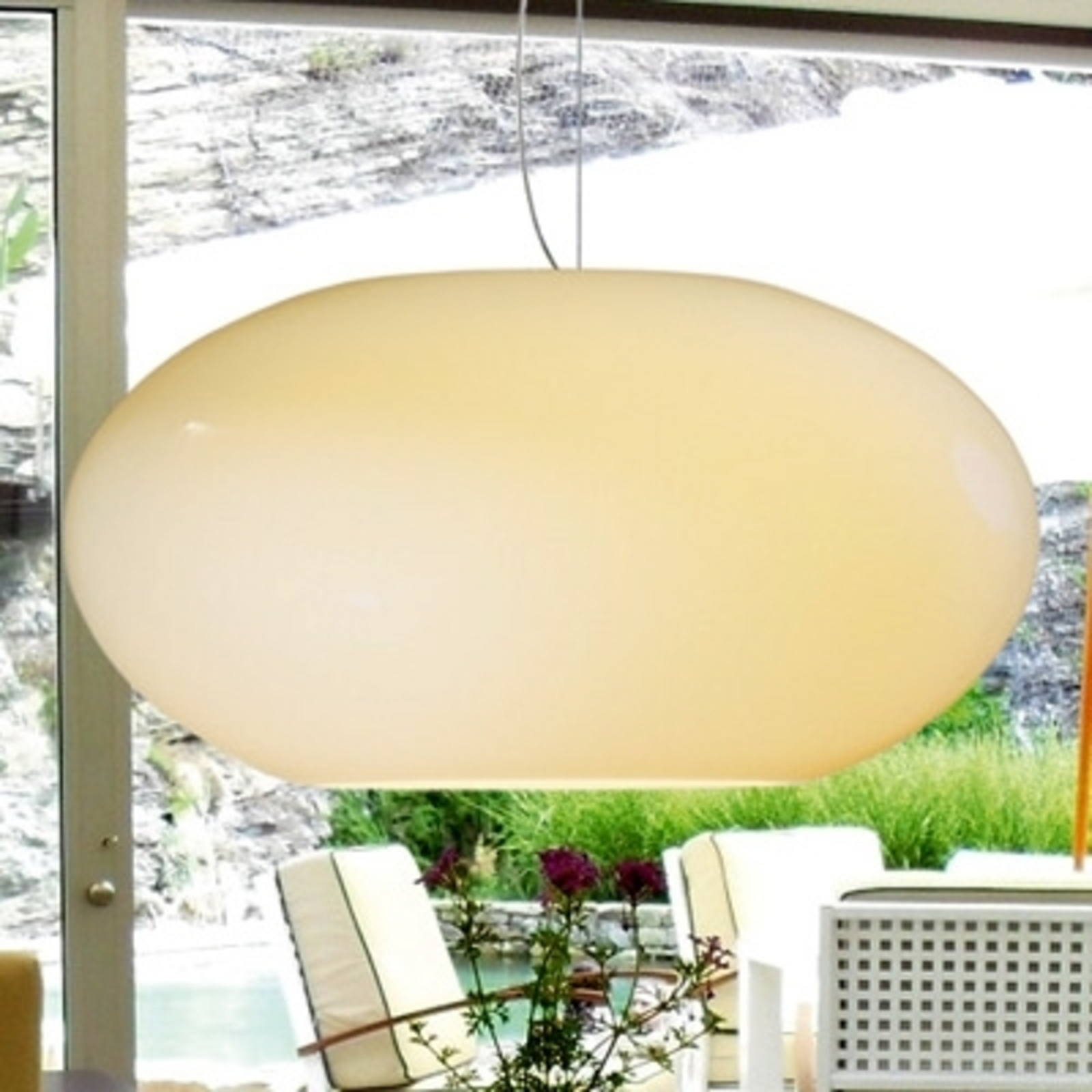 Casablanca Glass pendant light AIH 38 cm cream lustrous, for Living / Dining Room, hand-blown glass, brushed aluminium, E27, 105 W, energy efficiency: A++, H: 20 cm