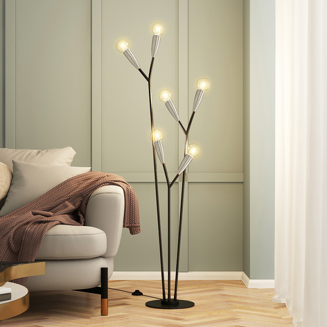 Lucande Carlea vloerlamp, 6-lamps, zwart-nikkel