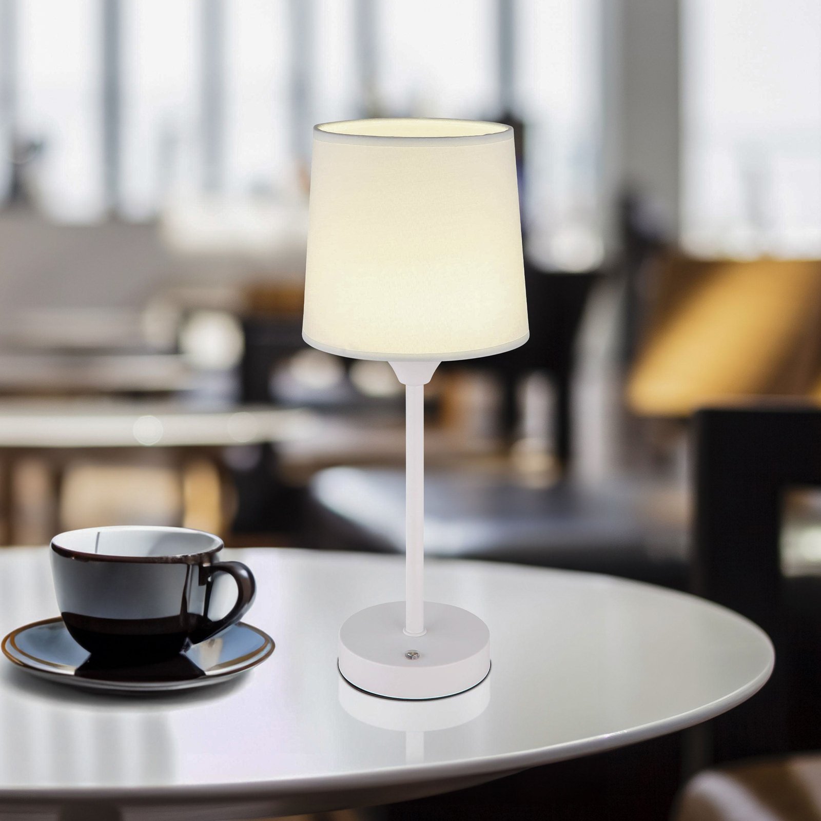Lámpara de mesa LED recargable Lunki, blanca, altura 35 cm, tela, CCT