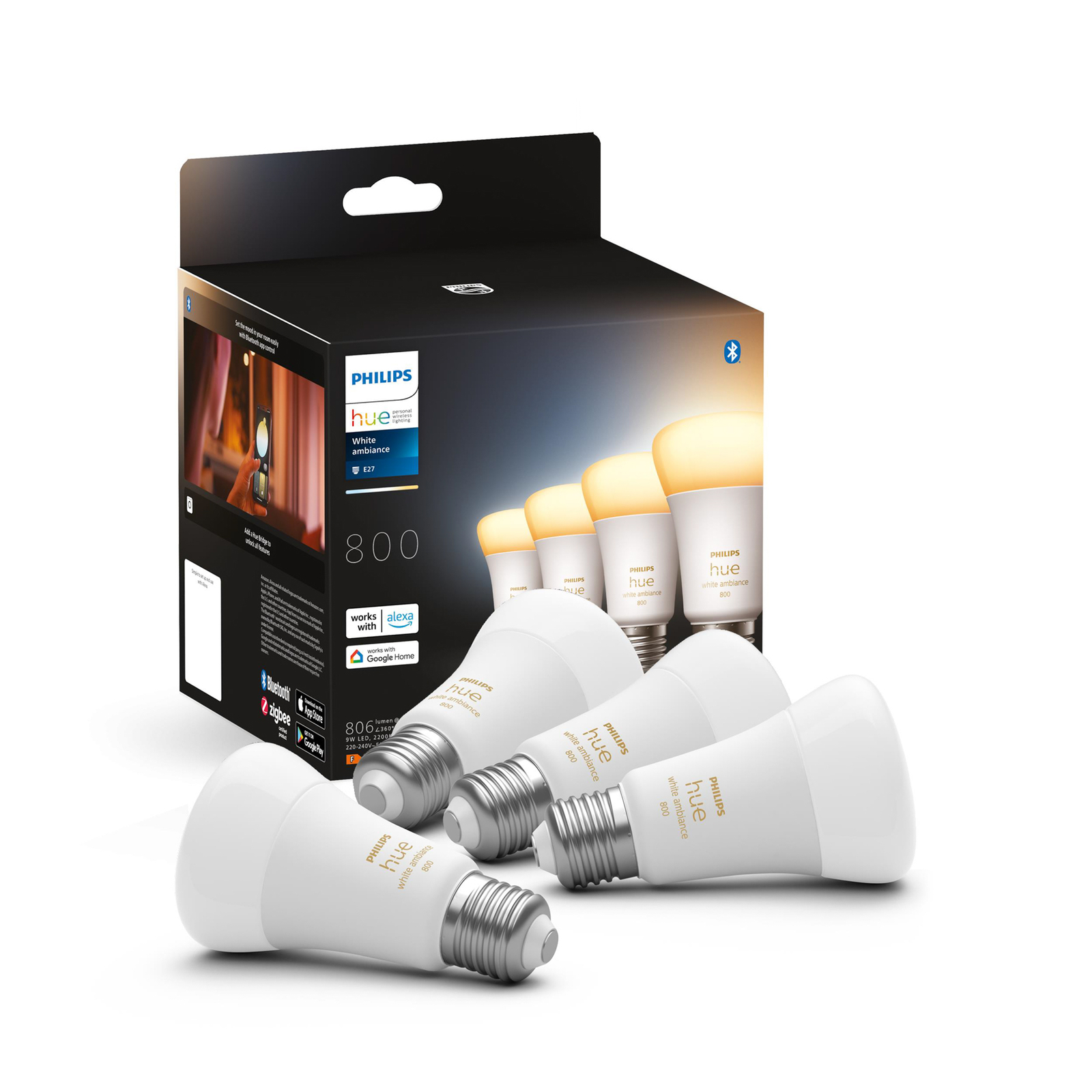 Philips Hue White Ambiance 6W 800lm E27 4-pakning