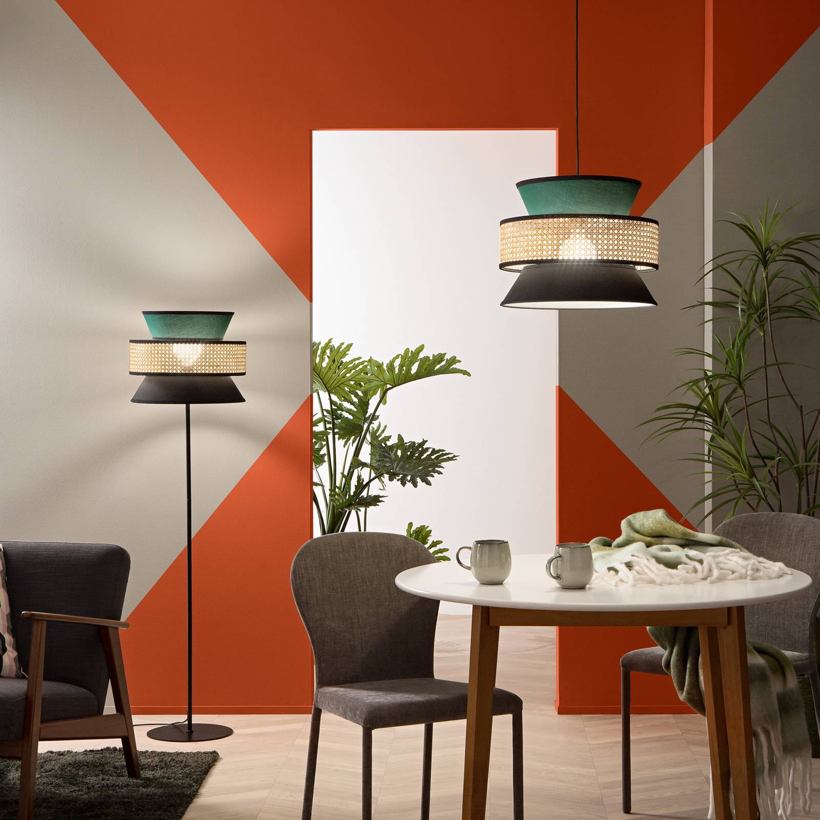 Hängelampe Gazebo, grün/schwarz/natur, Ø 40 cm, Stoff/Rattan günstig online kaufen