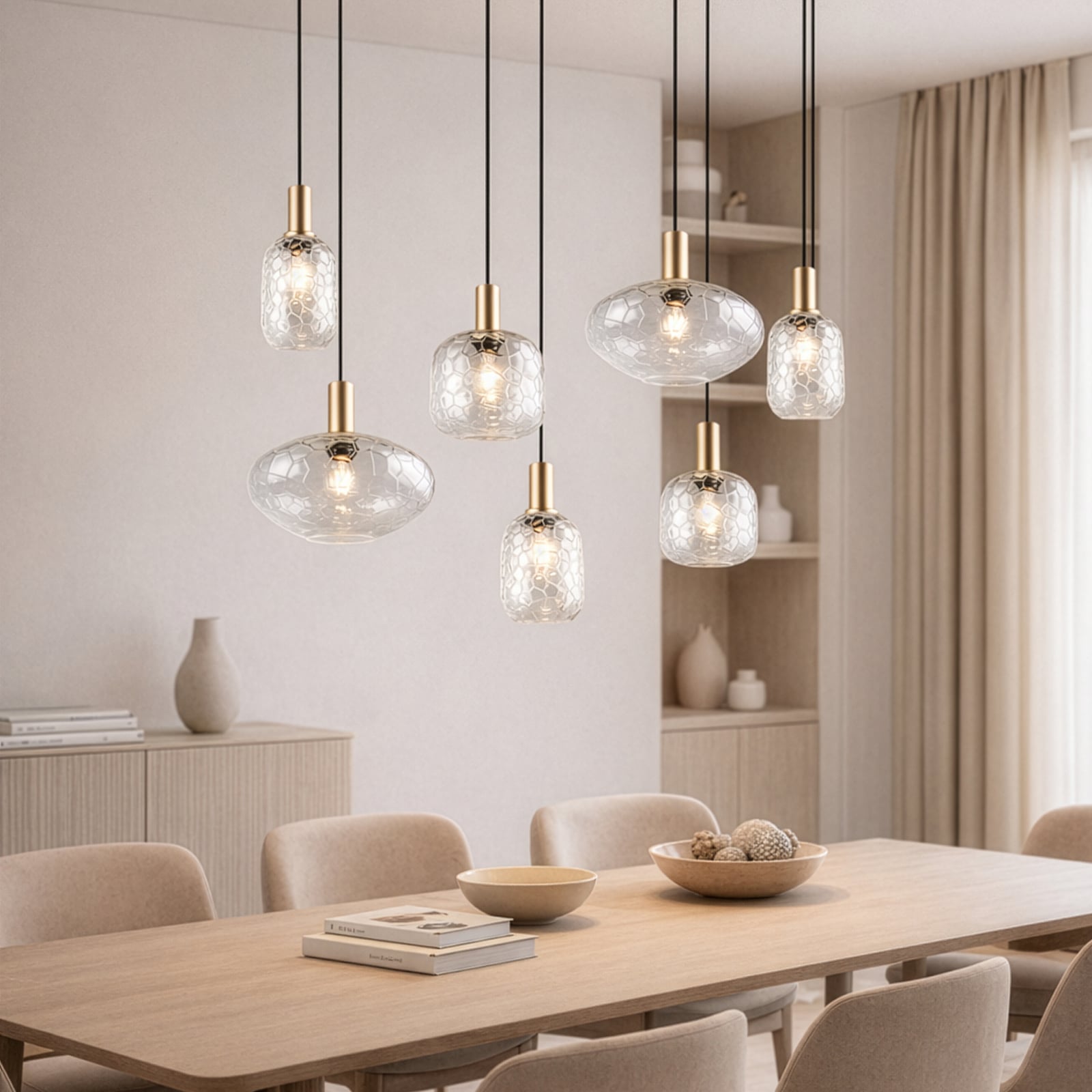 Lampă suspendată Emelie, 6 becuri, auriu/transparent, metal, sticlă, E27 Lampă suspendată Emelie, 6 becuri, auriu/transparent, metal, sticlă, E27