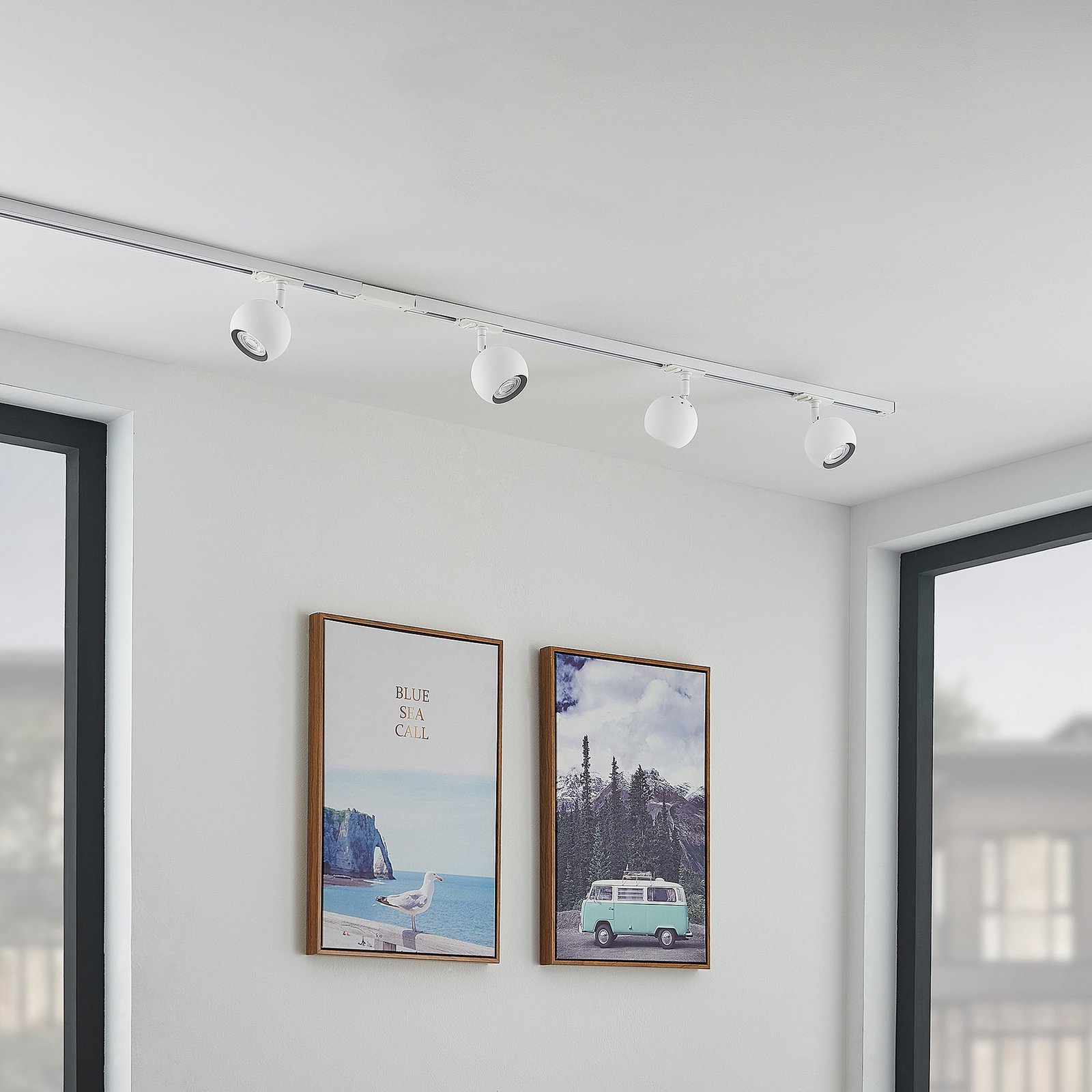 Lindby track lighting system Linaro, GU10, 4-bulb, white, Ø 9 cm