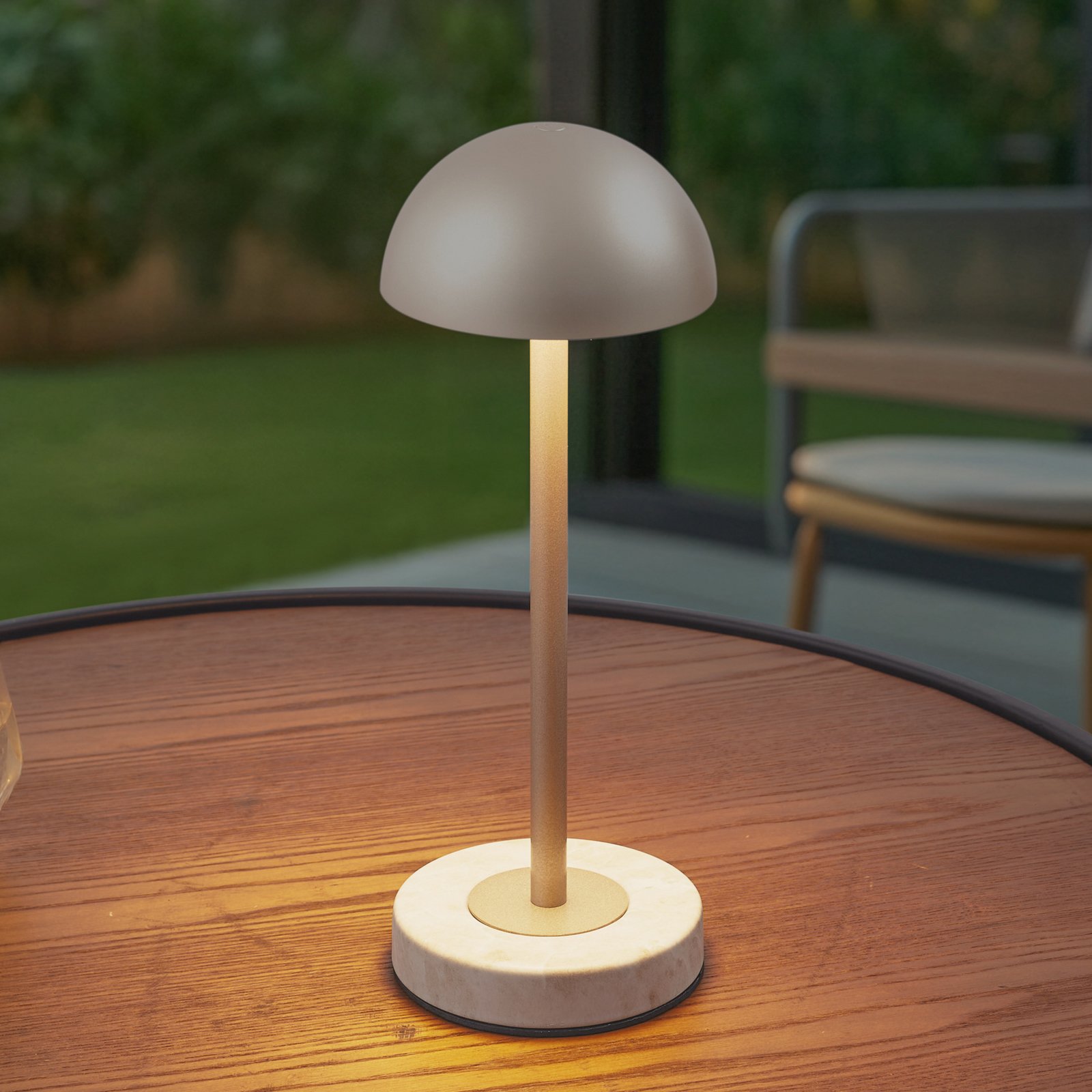 Pippin LED rechargeable table lamp, IP44, gold/travertine - Lindby