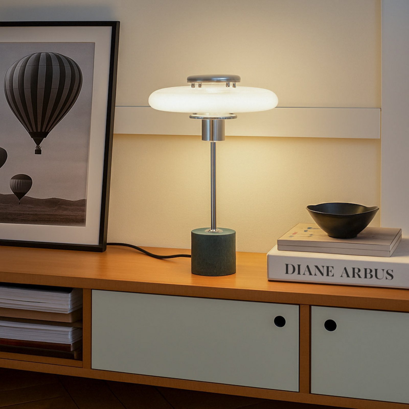 Lindby tafellamp Branford, retro, wit/groen opaalglas/marmer