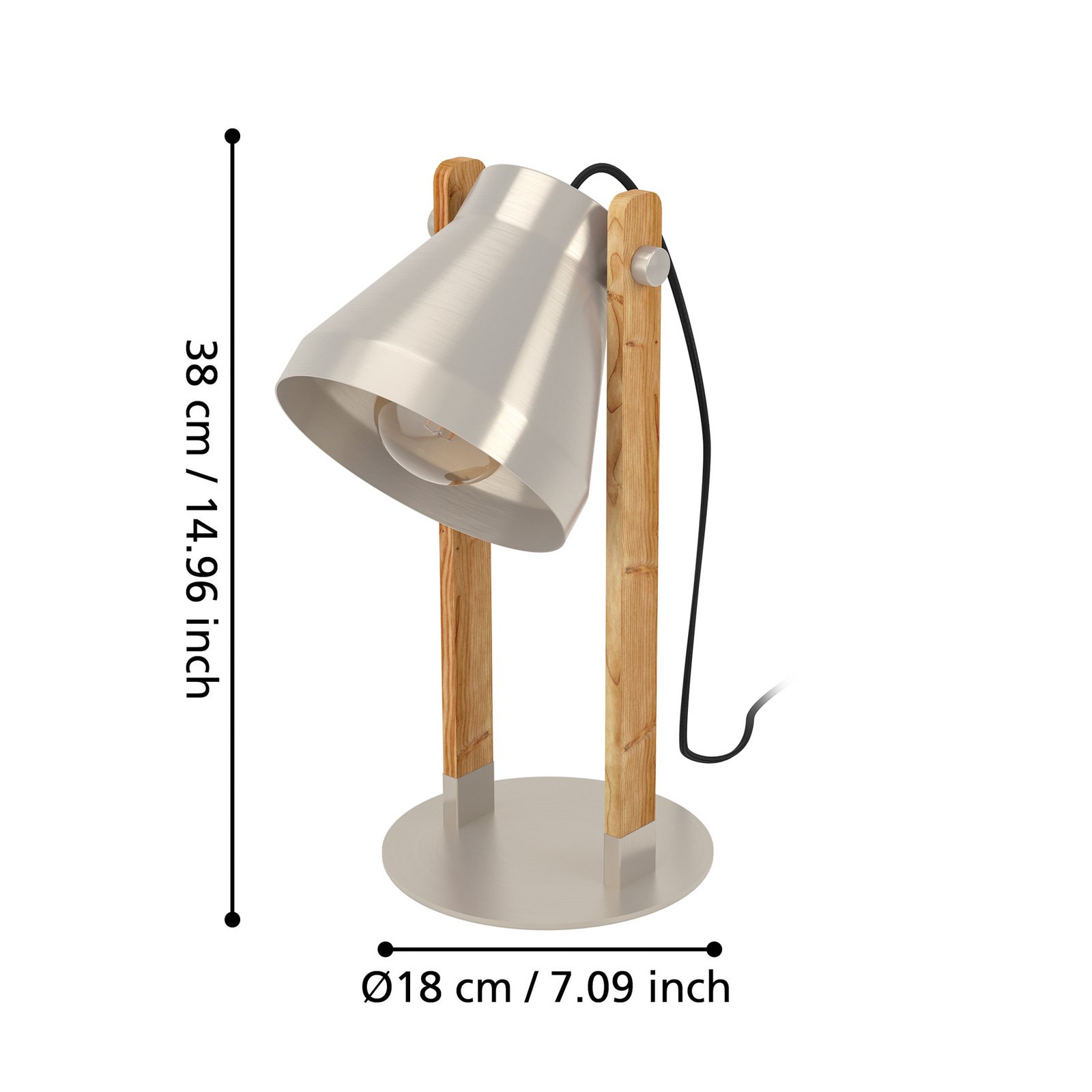 Lampe de table Cawton, hauteur 38 cm, acier/brun, acier/bois