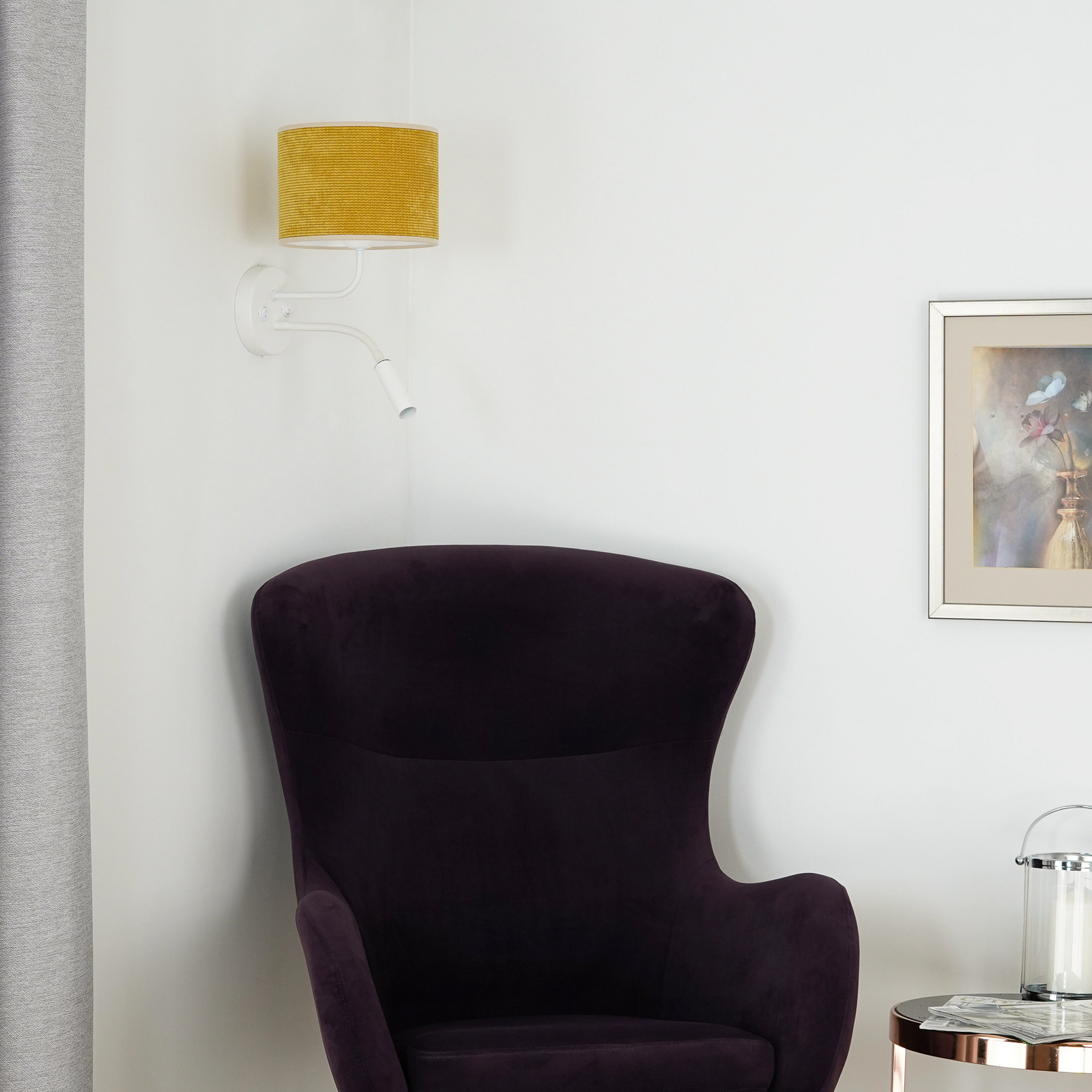 Roller wall light, cord, white/mustard yellow, reading light