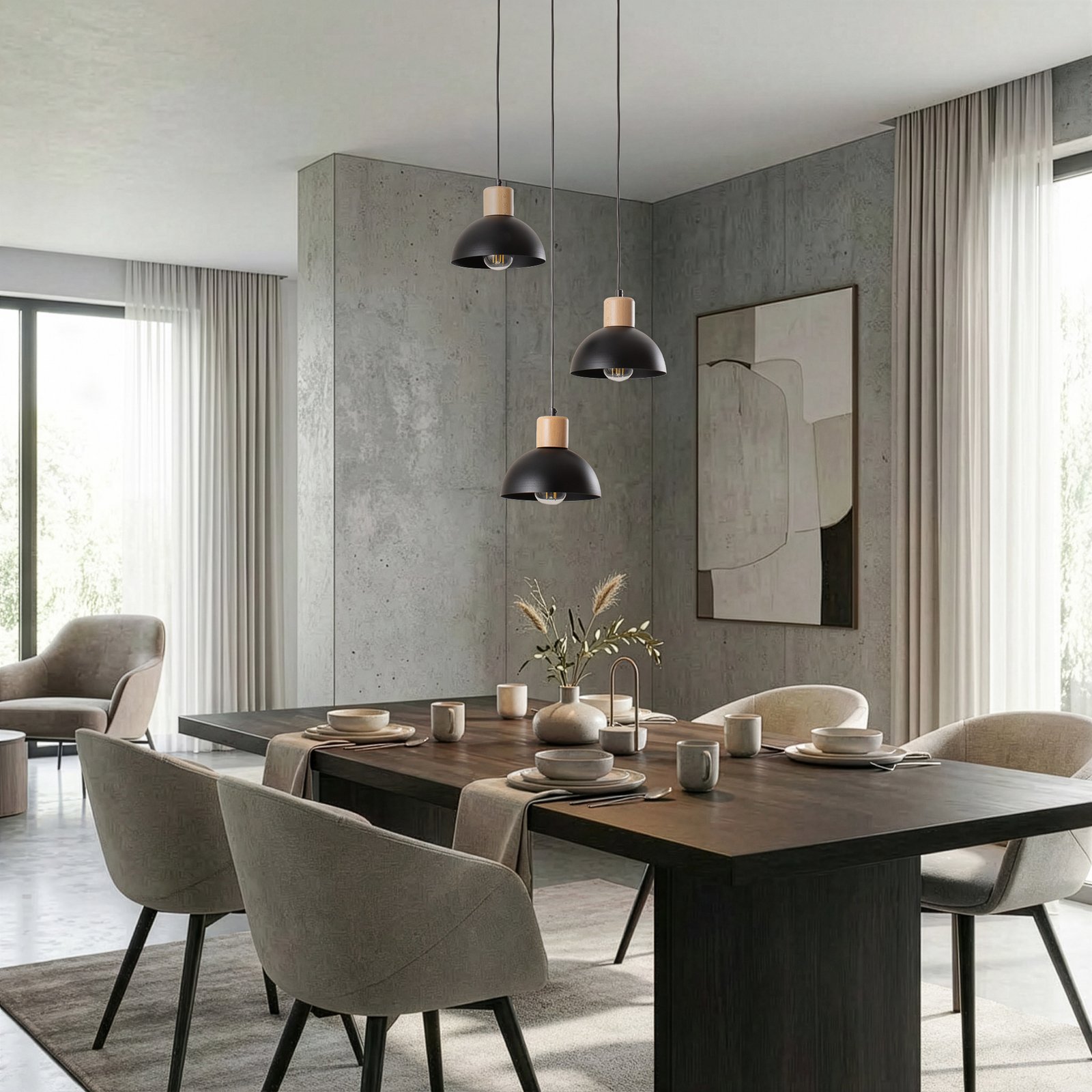 Pendellampe Seco, Ø 30 cm, schwarz, Metall/Holz, 3-flg. Pendellampe Seco, Ø 30 cm, schwarz, Metall/Holz, 3-flg.