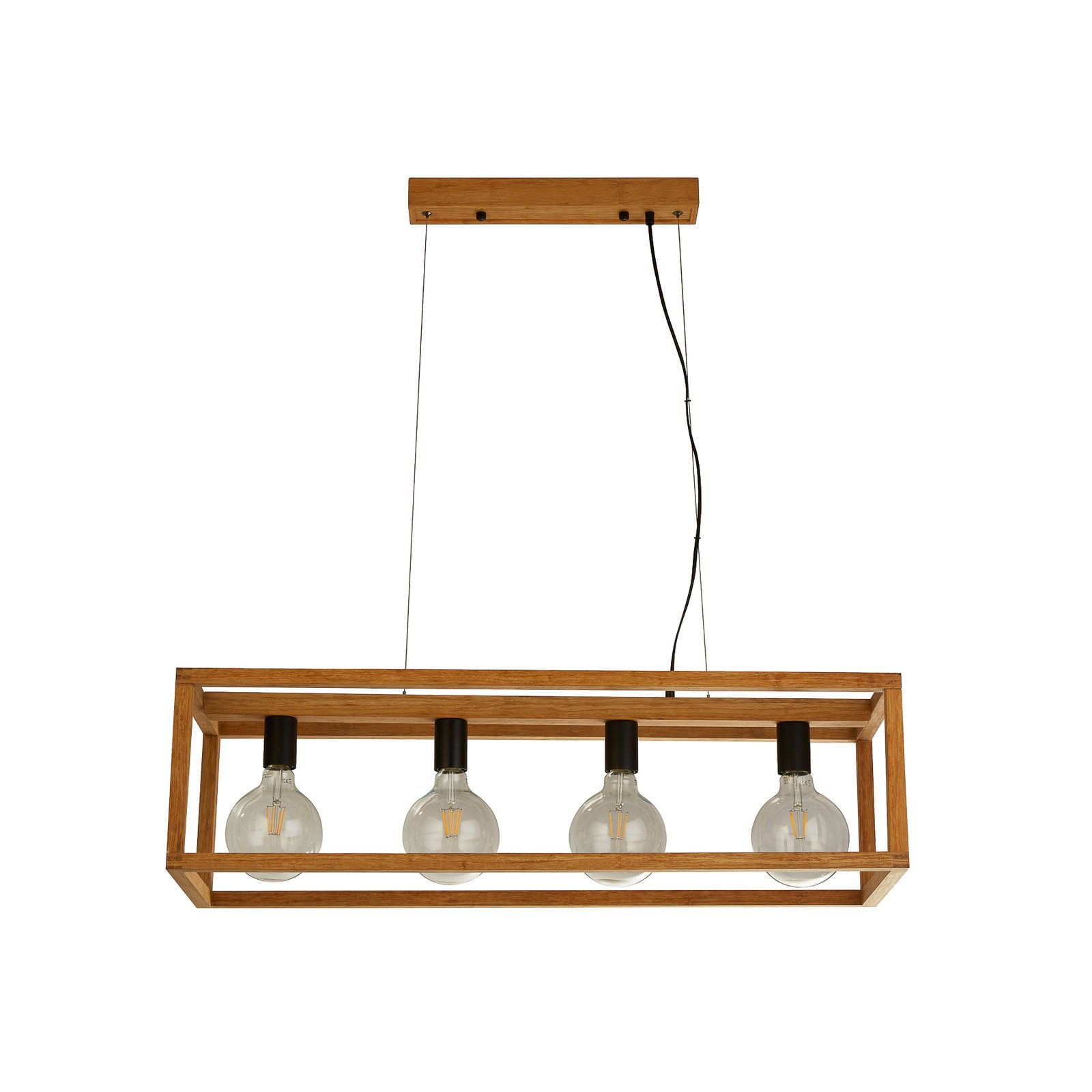 Square pendant light, 4-bulb, 90 cm long, bamboo, E27