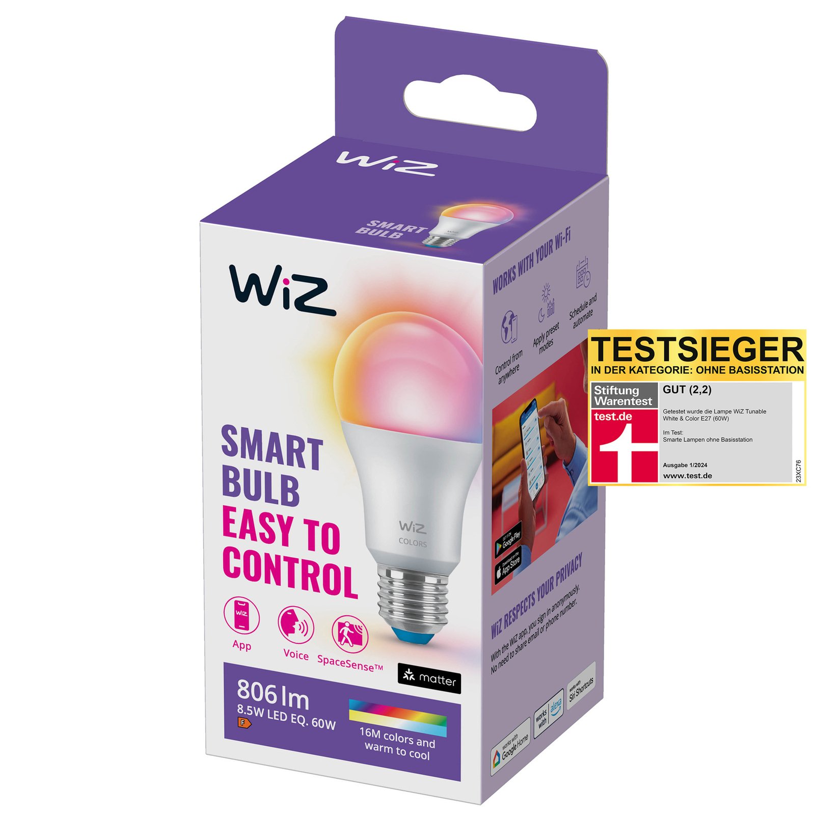 Lichtbron Smart Color 8,5W 806lm 2200-6500K RGB E27 - WiZ