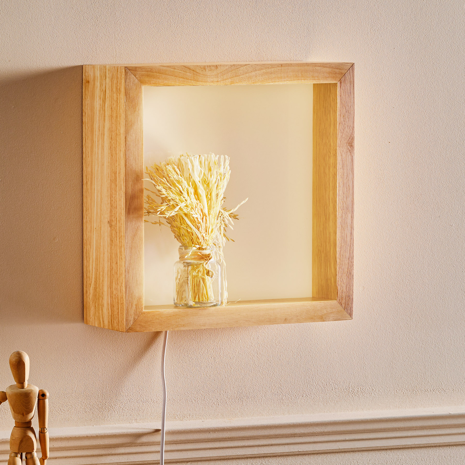 LED wandlamp Window, 37 x 37 cm, eikenhout