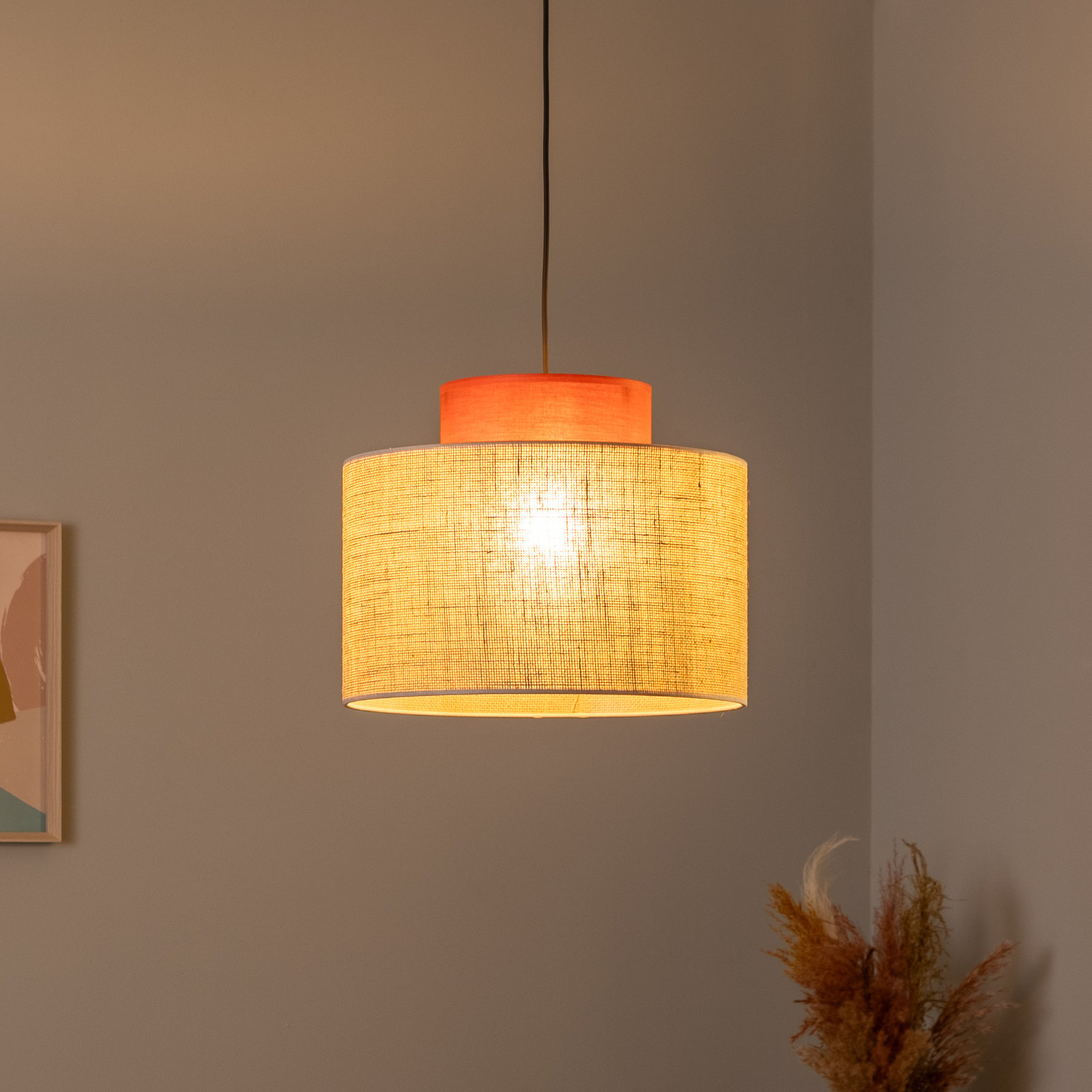 Duo hanglamp, jute kap, roestbruin/natuurbruin, Ø 38 cm