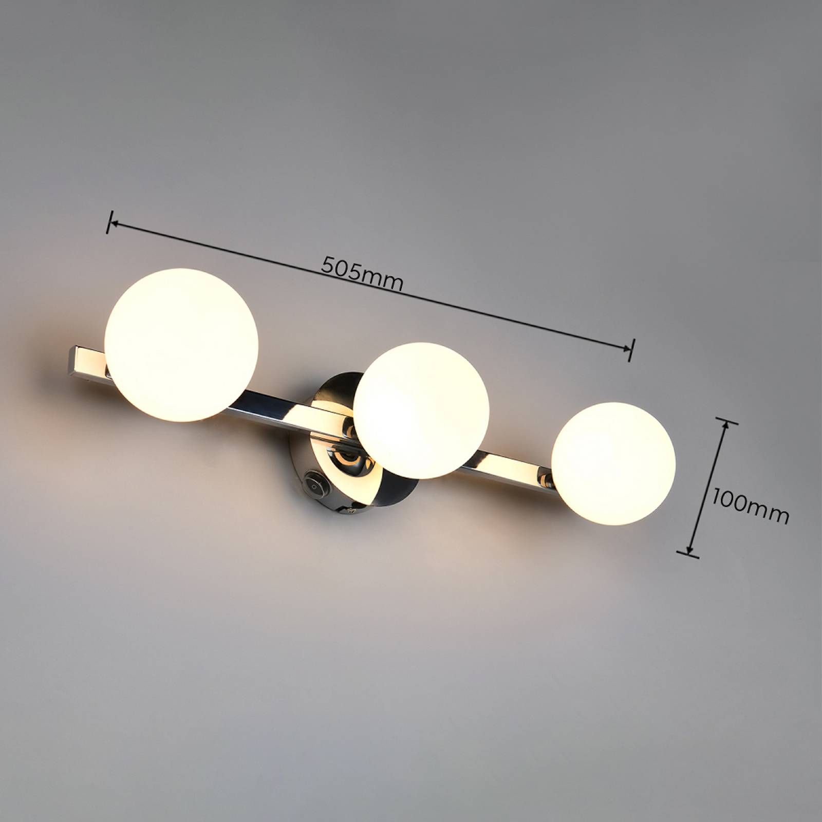 Vegglampe Alfio, bredde 50 cm, krom, metall/glass, IP44, 3 lyskilder