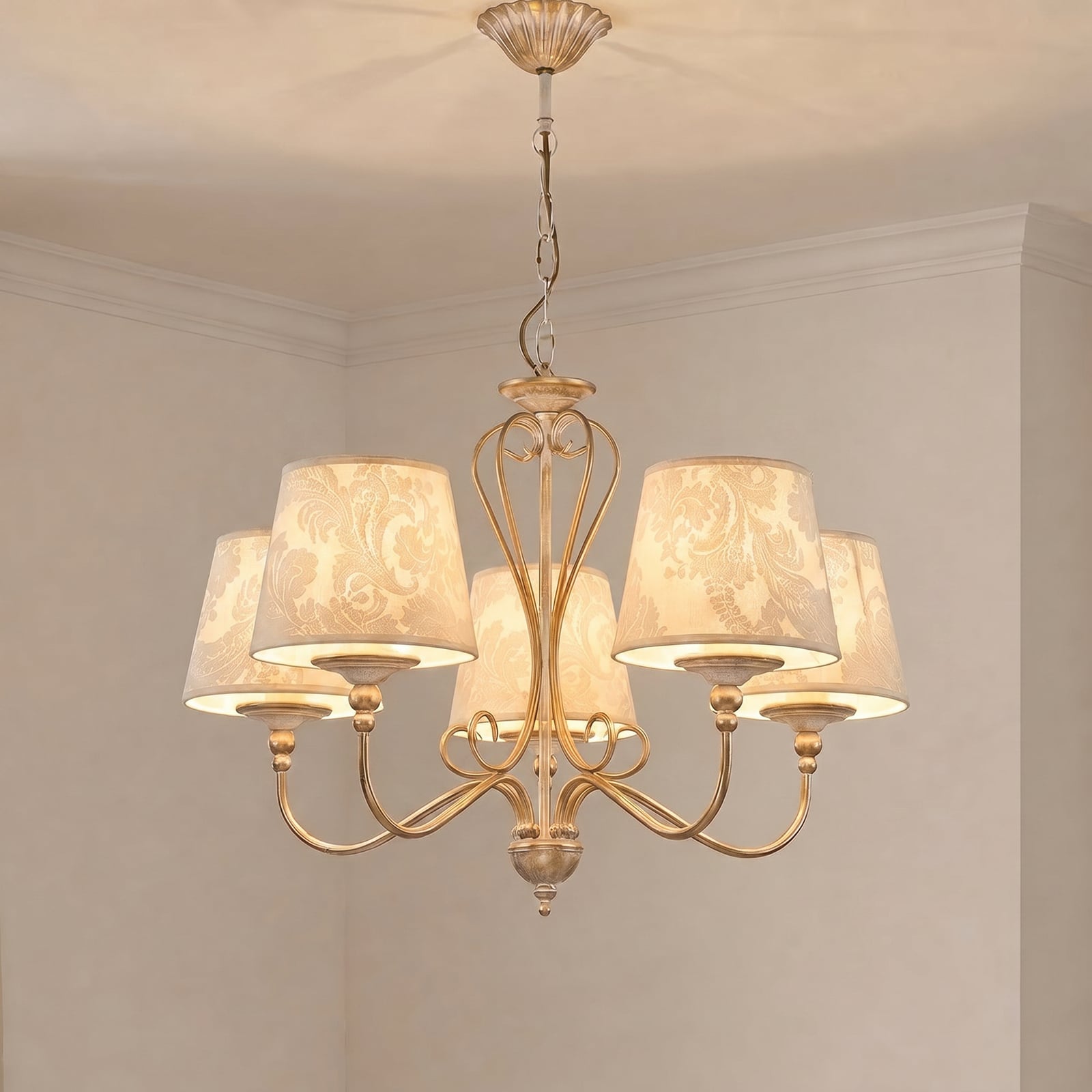 Kroonluchter Sofia Ecrie beige/goud 5-lamps textiel staal E27