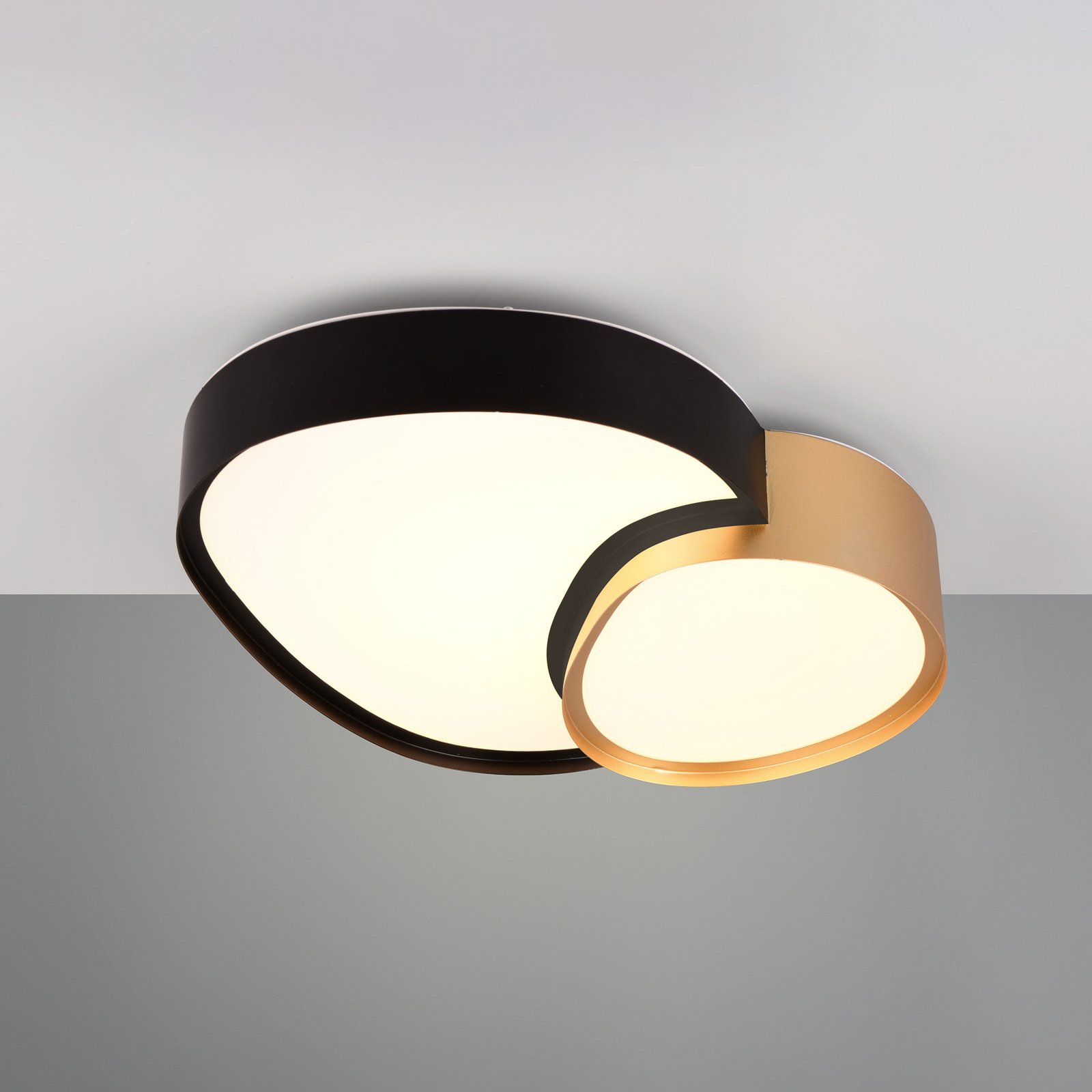 Plafonnier LED Rise, noir-doré, 43 x 36 cm, CCT, intensité variable
