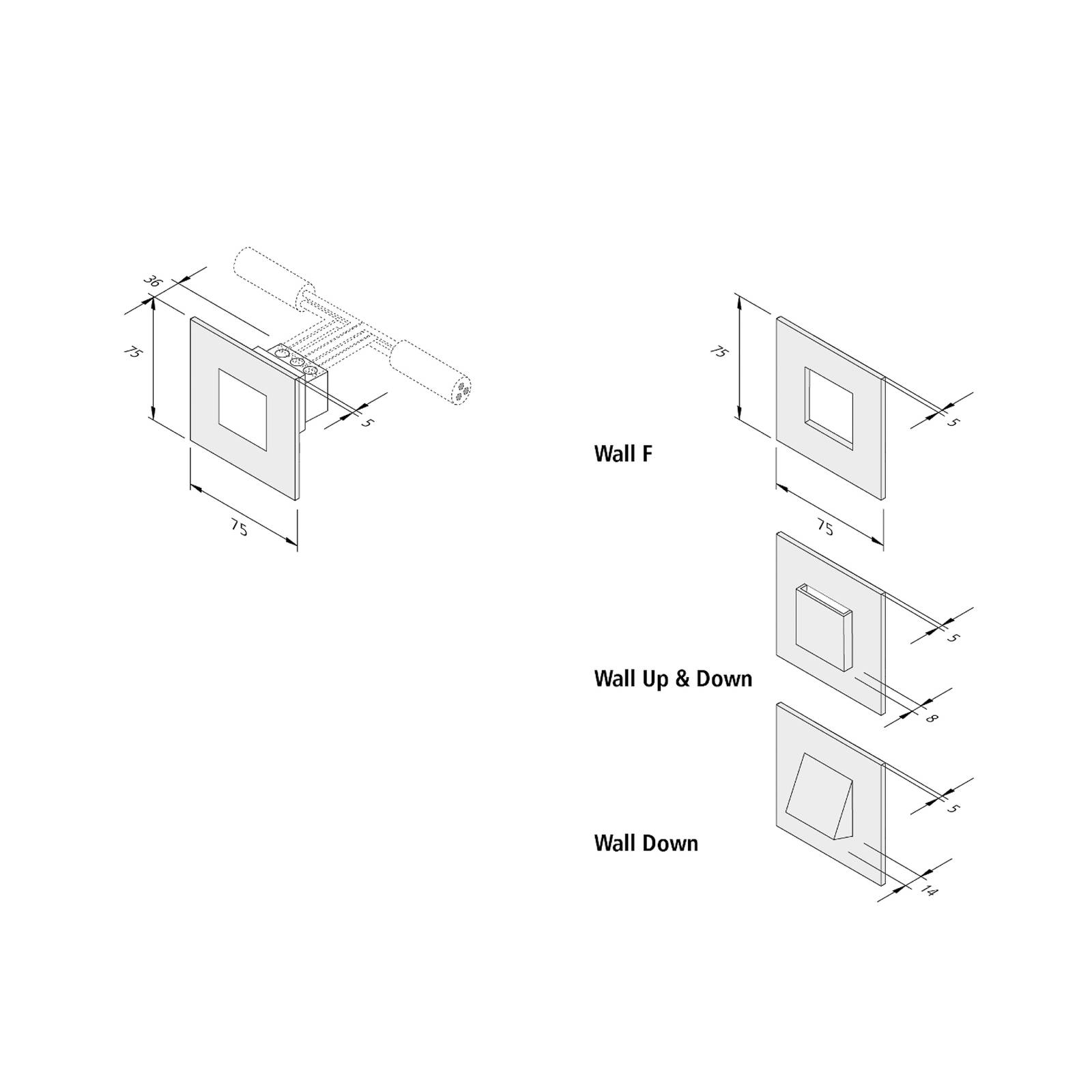 Hera LED-vägginbyggnadslampa Wall F svart 7,5 x 7,5 cm metallplåt