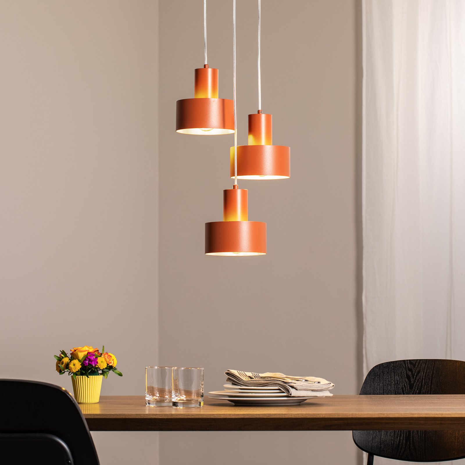 Rif 3 pendant light, brick red, round, 3-bulb, Ø 33 cm