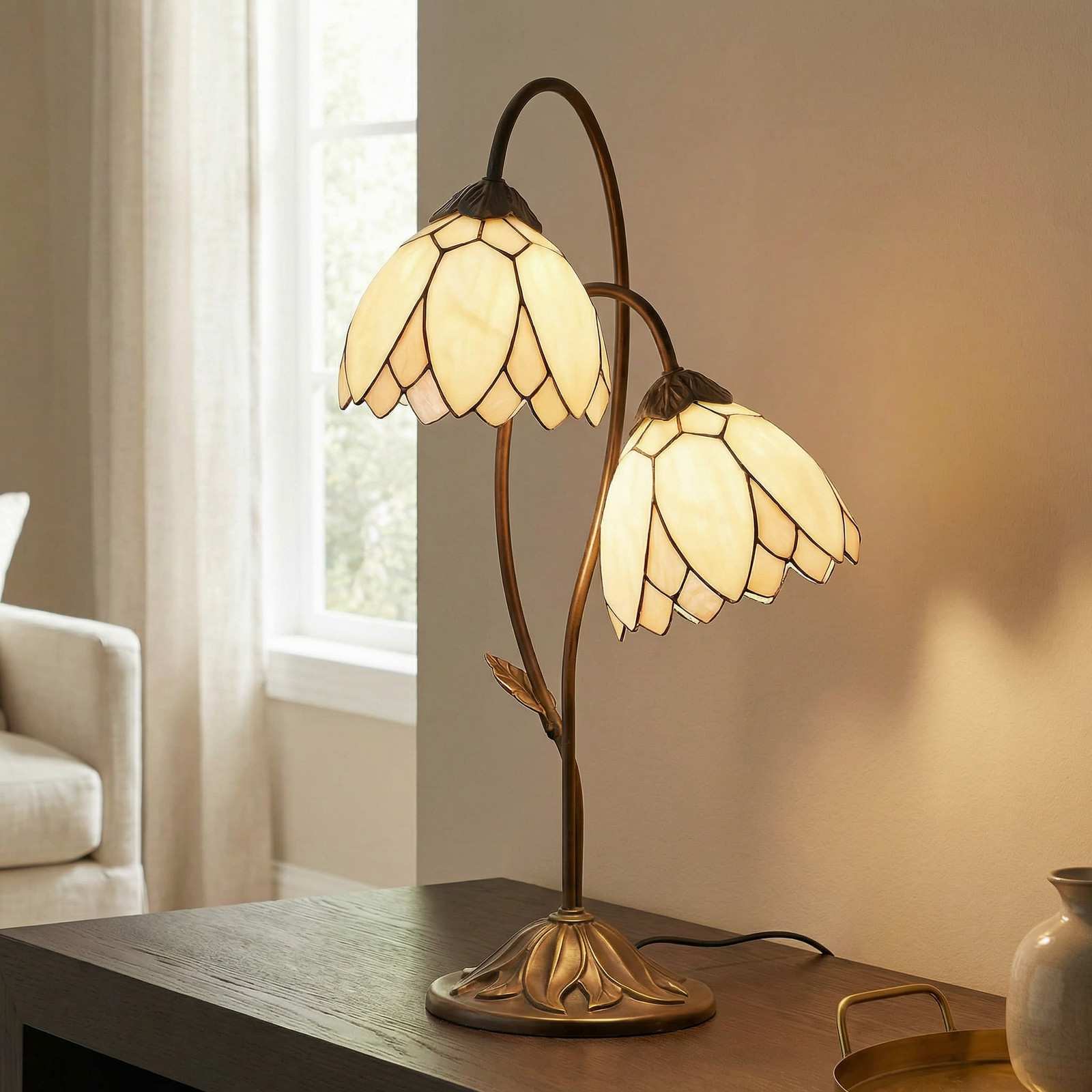 Clayre&Eef Lampă de masă Liliana în stil Tiffany 2 becuri - Camera de zi / sufragerie - crem maro închis - Sticlă