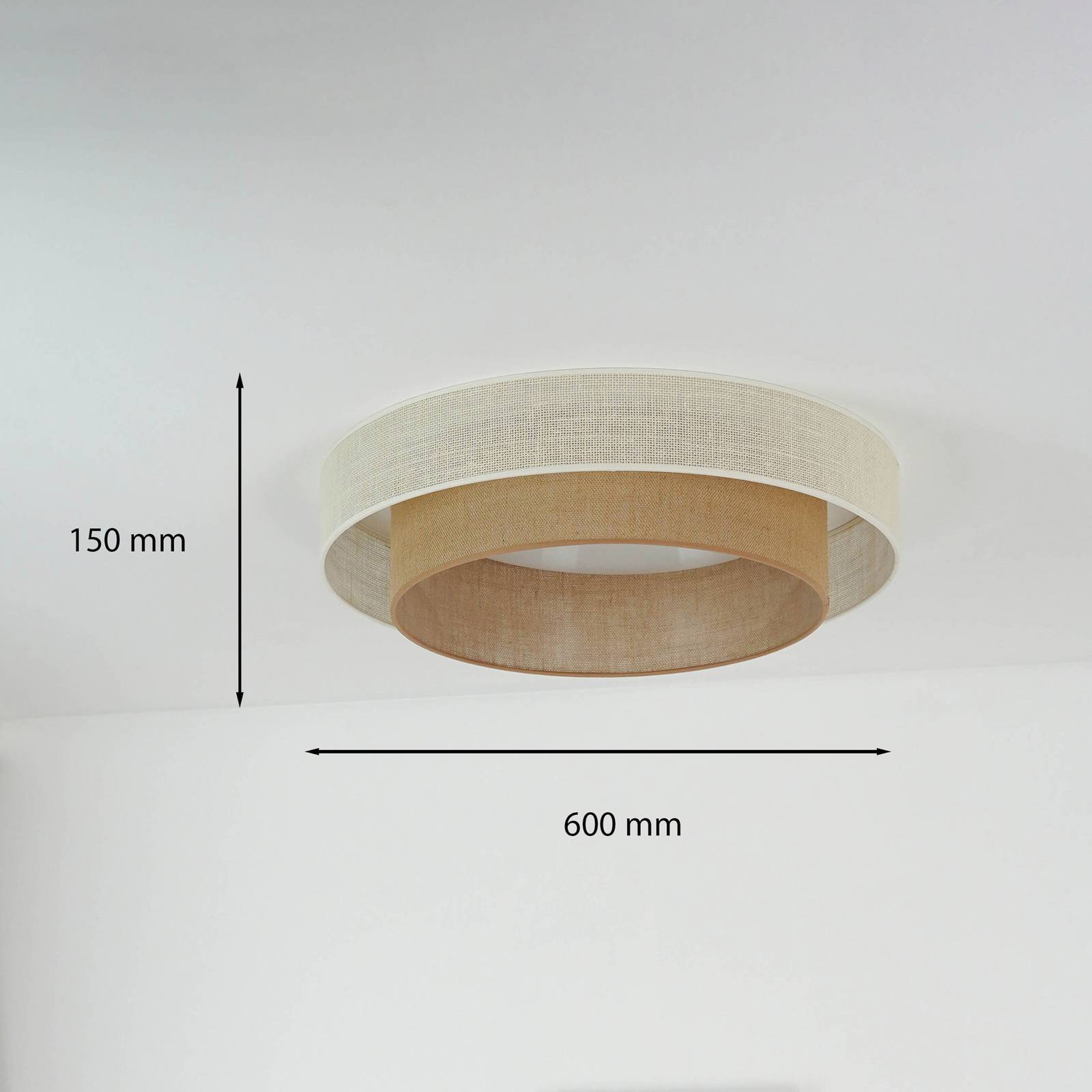 Lampa sufitowa LED Luneta, juta, biała/brązowa, Ø 60 cm, ściemniana 3-stopniowo