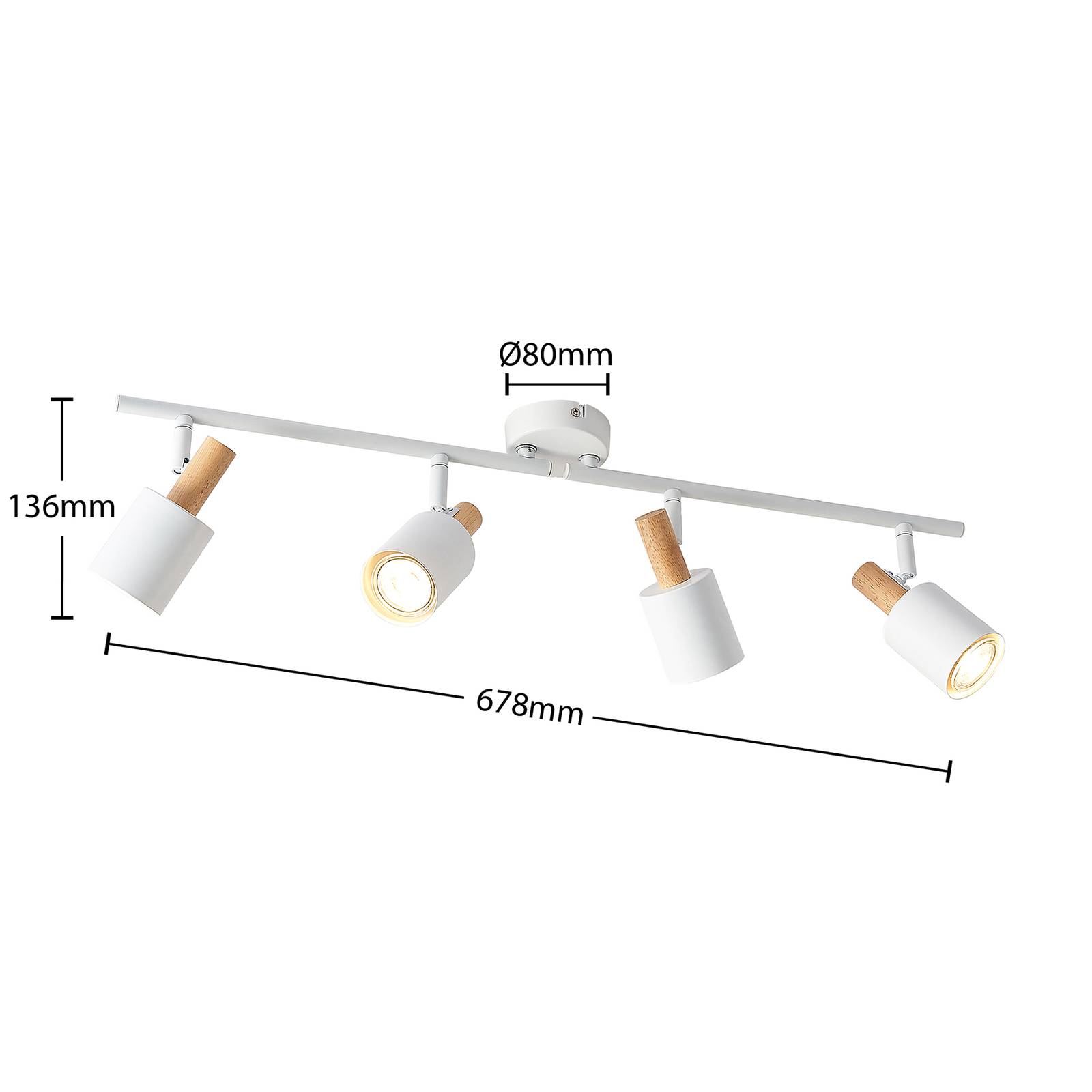 Reflektor sufitowy Lindby Junes, 4-punktowy, 74 cm długości, biały, drewno