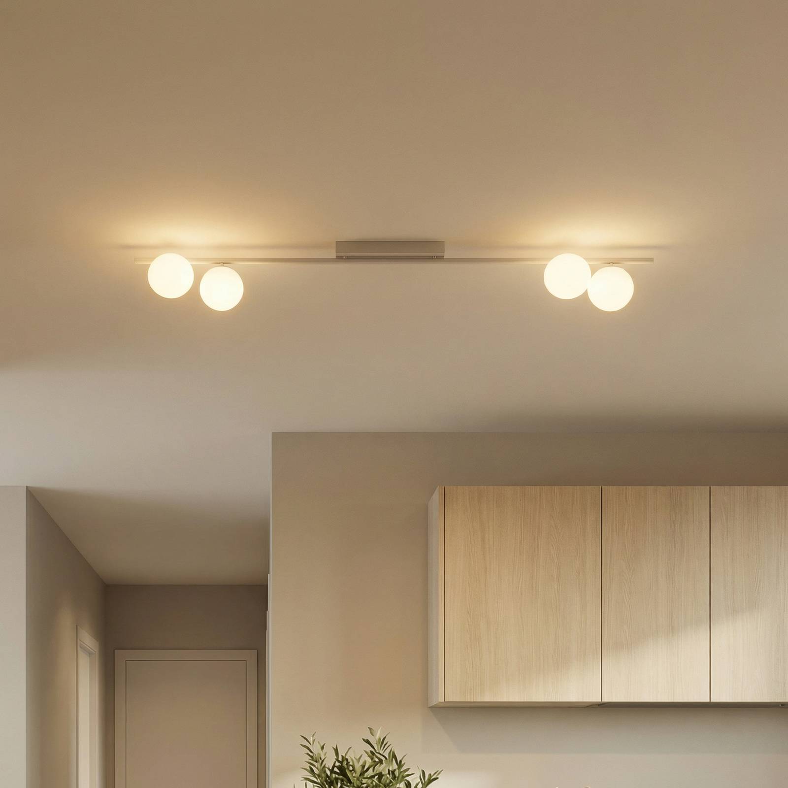 TK Lighting Plafonnier Imelo, crème, à 4 lampes, verre, longueur 140 cm