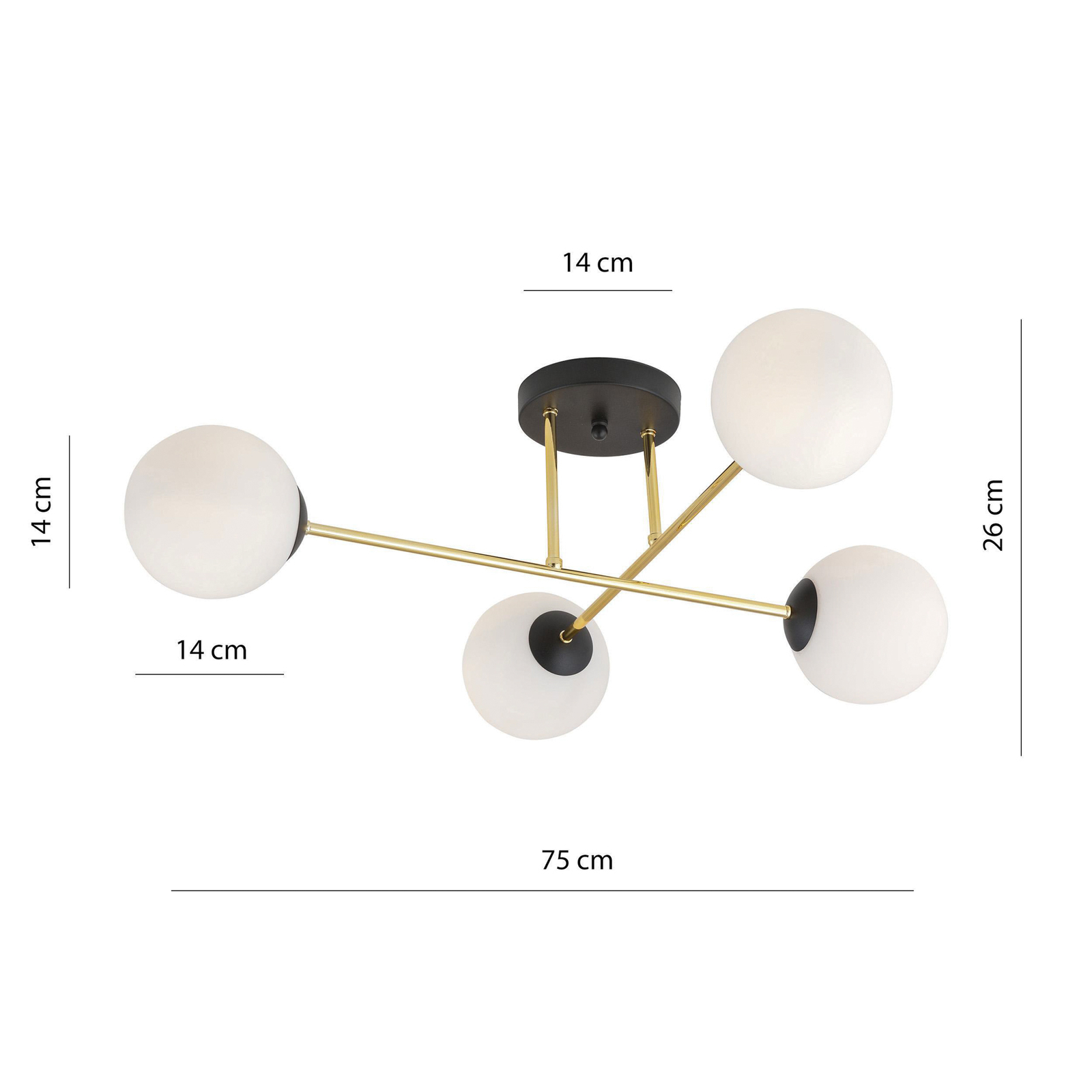 Magnum taklampa, 4 lampor, opalvit/guld/svart, glas