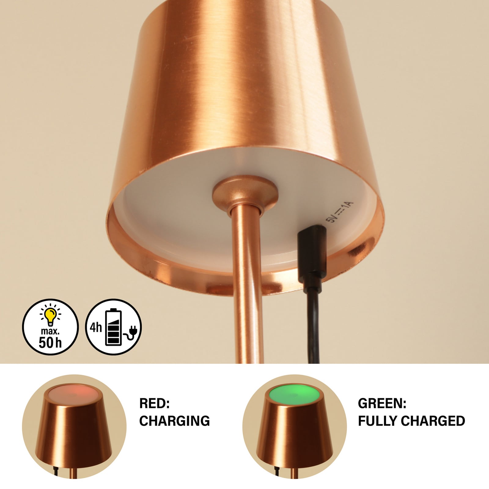 LED tafellamp Roxi, koperkleurig, metaal, IP54, dimbaar