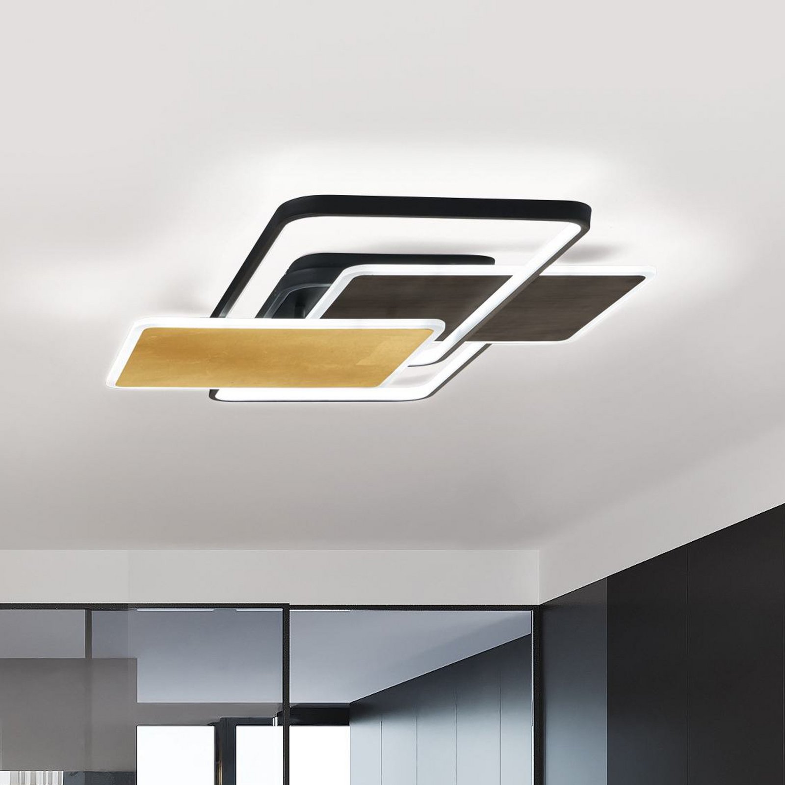 LED-Deckenleuchte Quadro, schwarz/blattgold, 90 x 60 cm, CCT