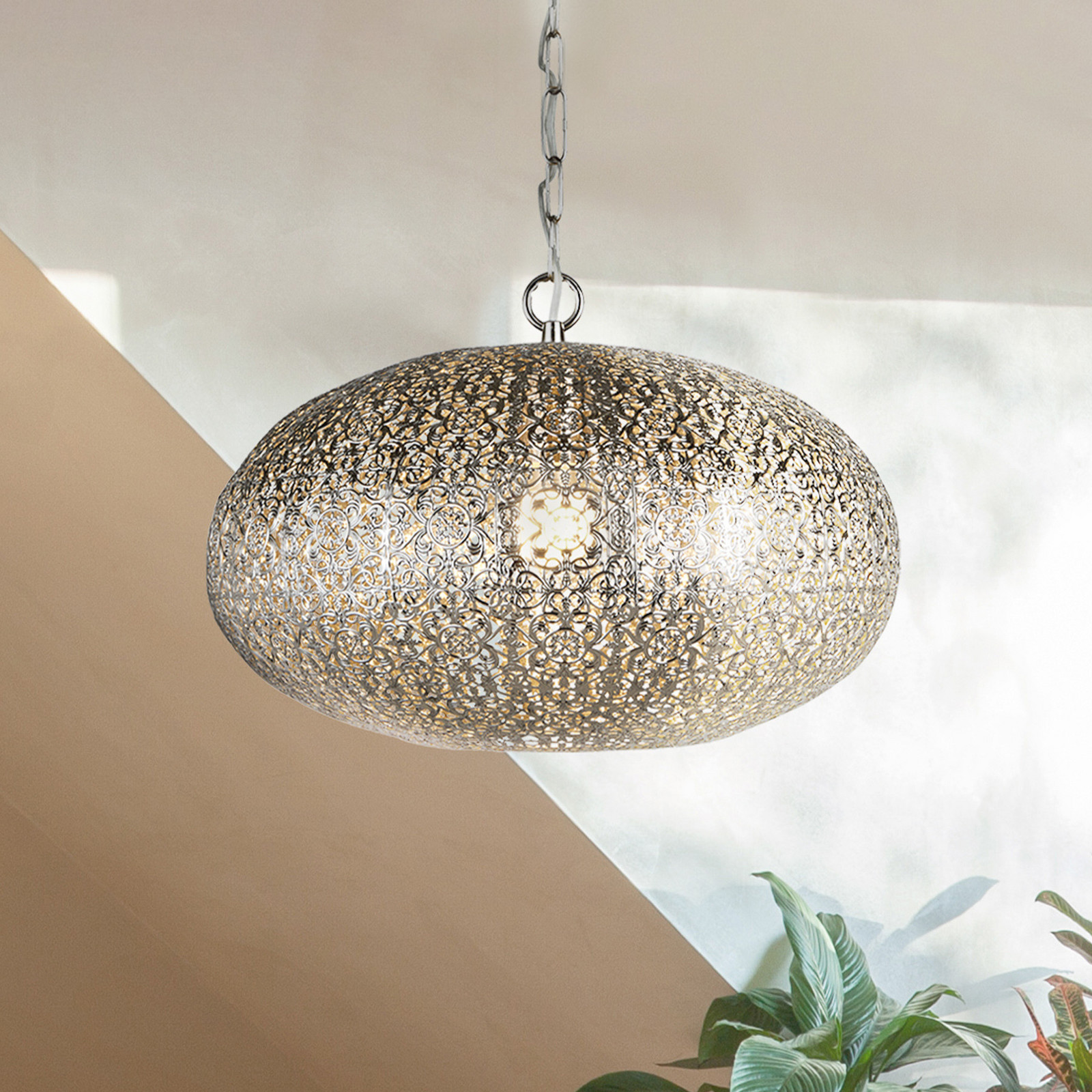 Searchlight Lampă suspendată Fretwork culoare nichel metal Ø 39 cm E27 - Camera de zi / sufragerie - Marocan / Oriental - argint