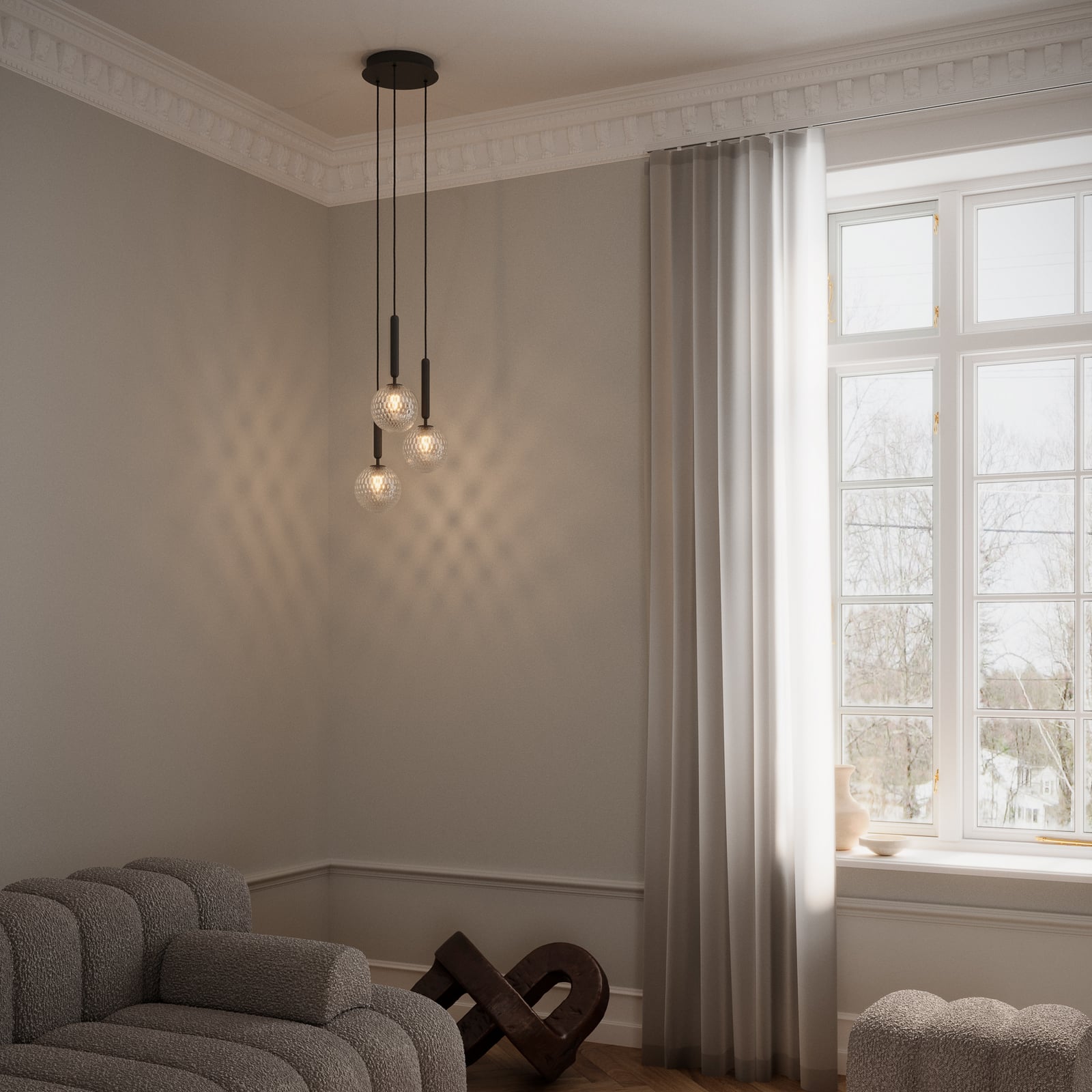 Nuura Kronleuchter Miira 3, grau/klar, Ø 31 cm, 3-flg.