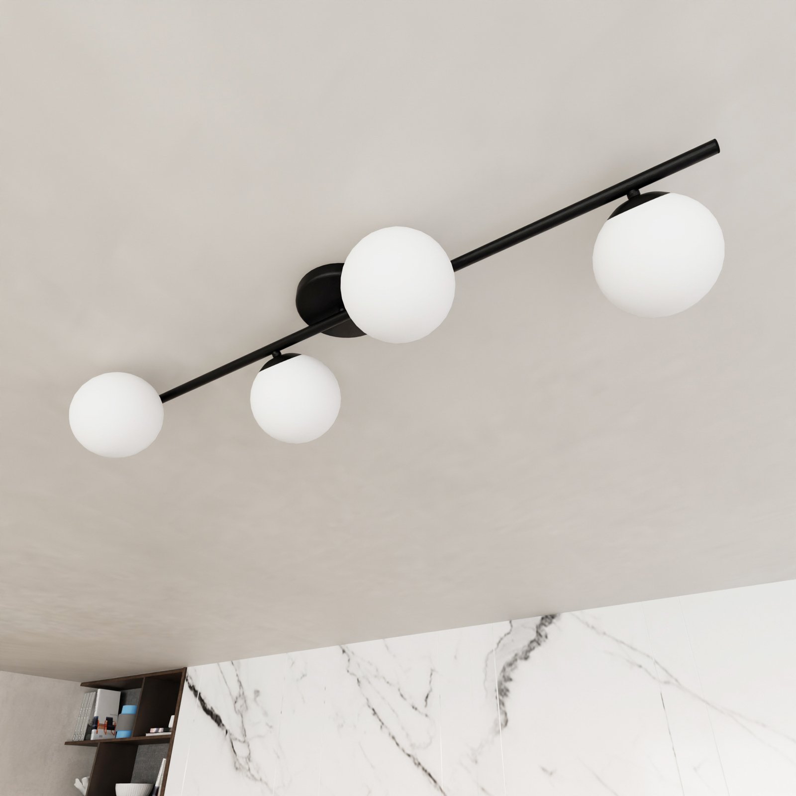 Glassy plafondlamp, 4-lamps, lineair, zwart/opaal
