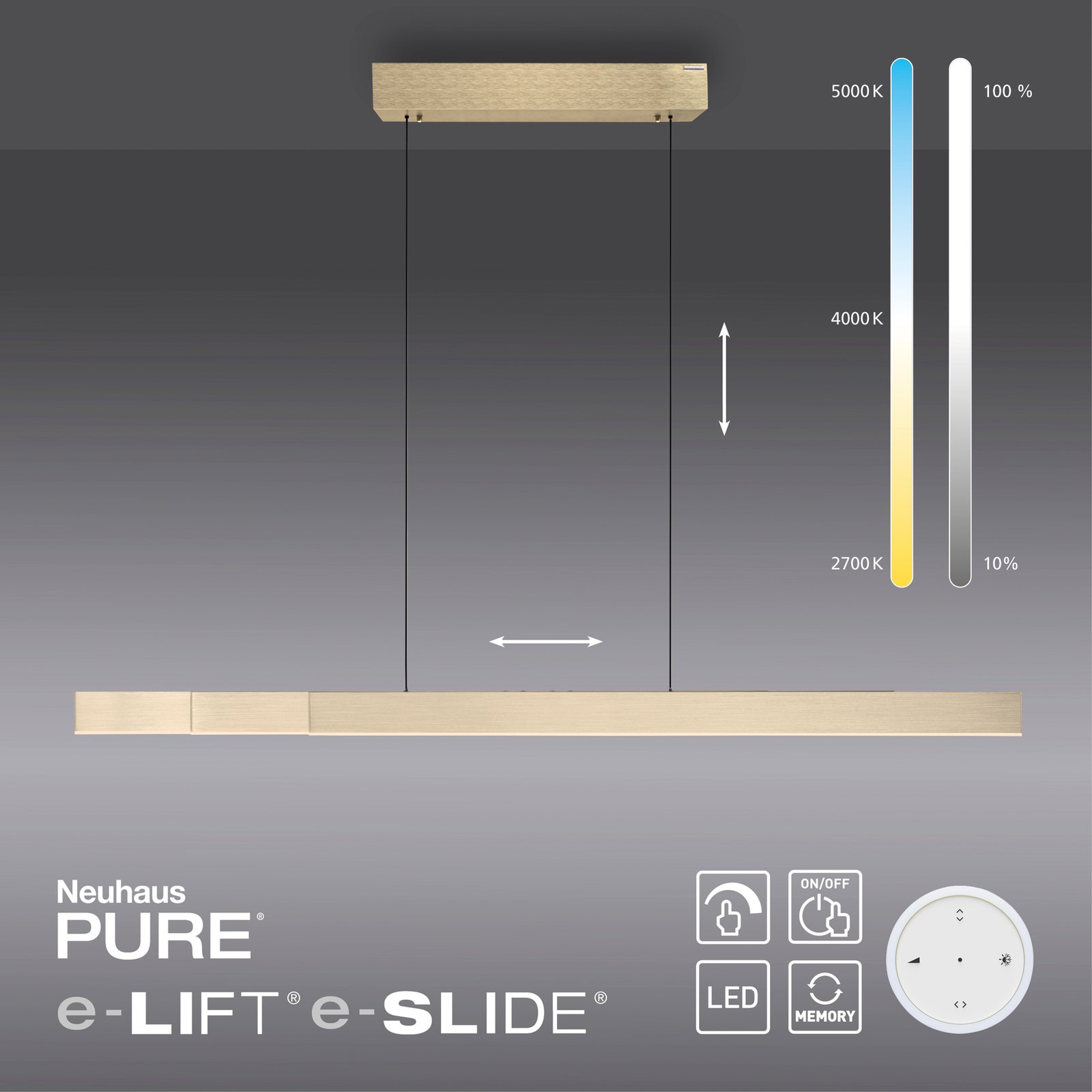 PURE Moto-Rise LED závesné svietidlo CCT, zlatá