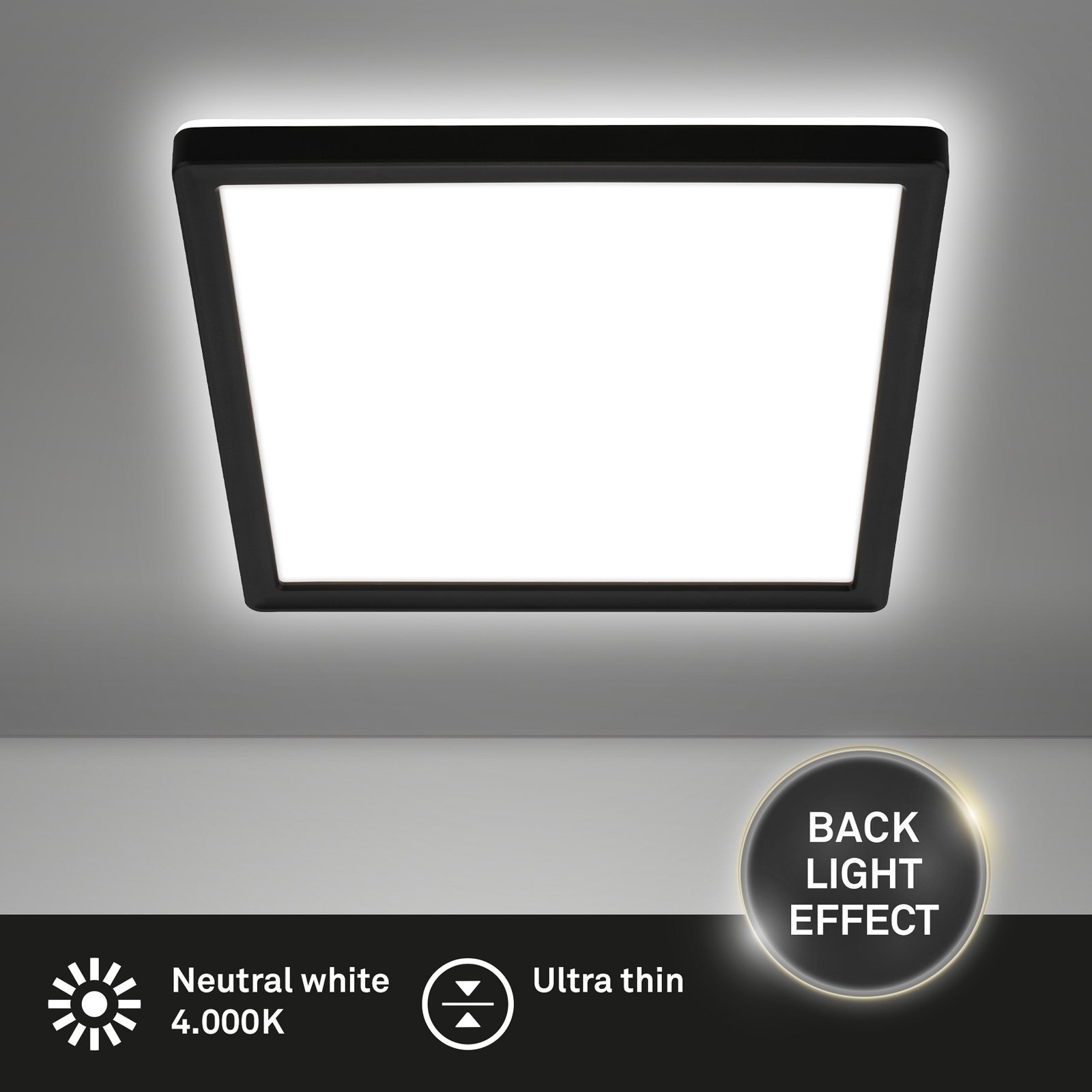 Plafoniera LED Tava, nera, 24x24 cm, plastica