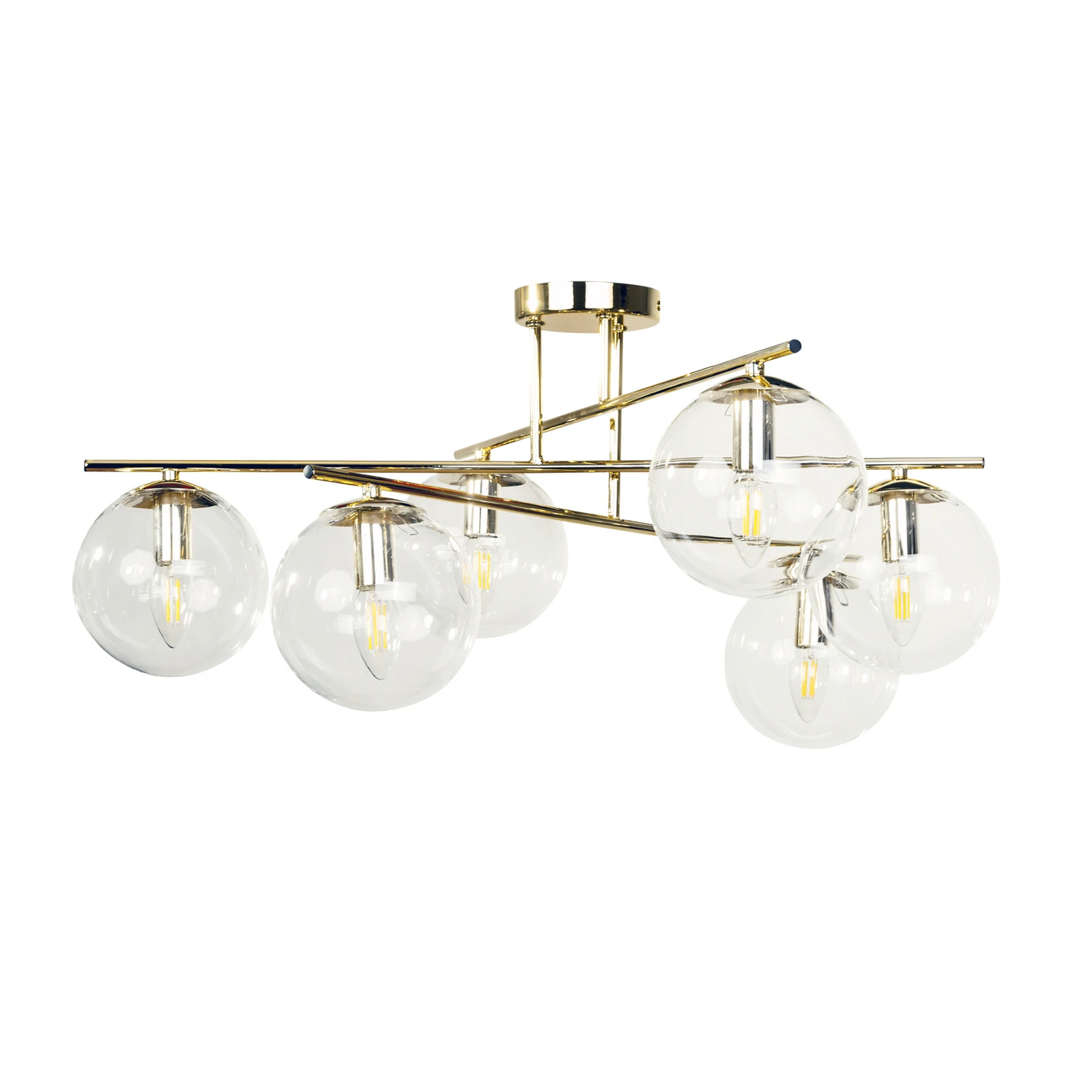 Candeeiro de teto Zoe, cor dourada, comprimento 72 cm, 6 lâmpadas, vidro