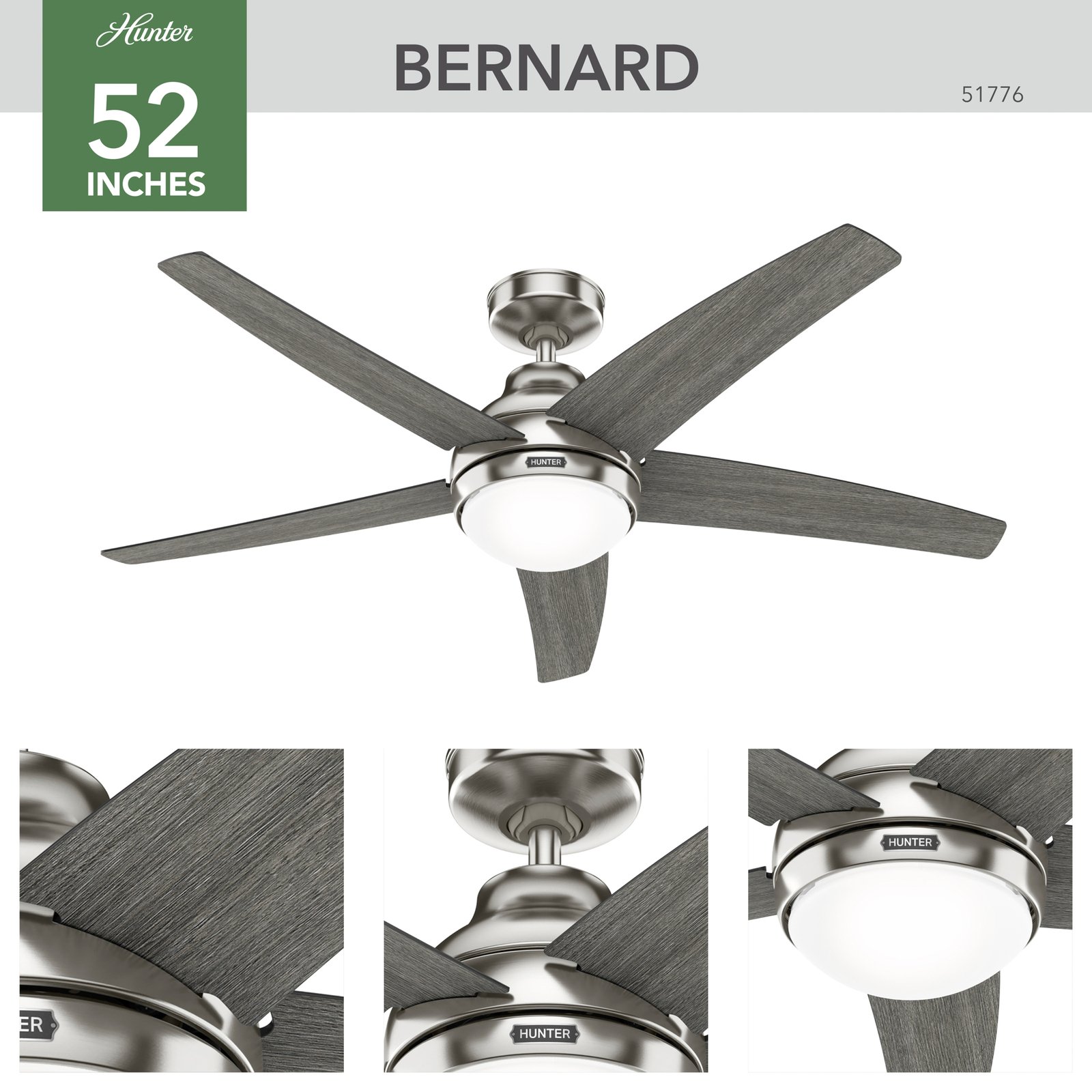 Hunter Bernard AC ventilateur plafond lampe gris