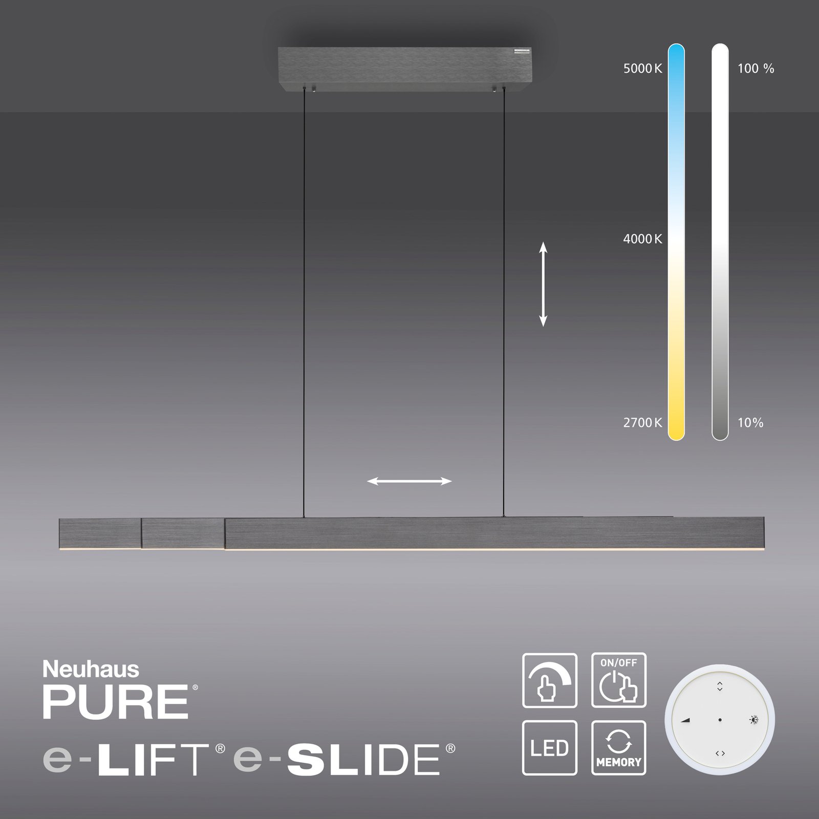 PURE Moto-Rise LED pakabinamas šviestuvas su CCT, pilkos spalvos