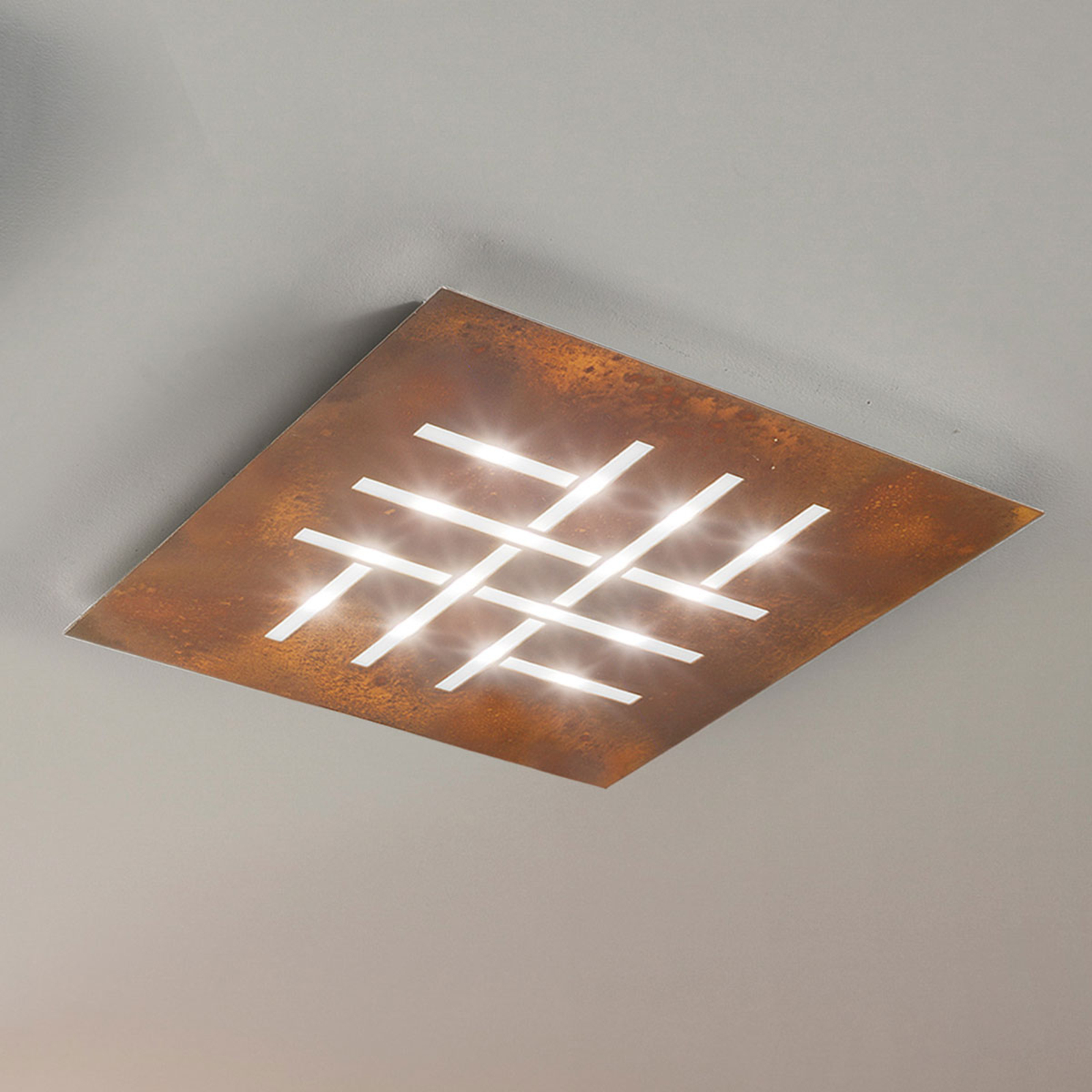 BRAGA Pattern - square LED ceiling lamp, rust, for Living / Dining Room, metal, plastic, 35 W, energy efficiency: A+, L: 50 cm, W: 50 cm, H: 4.5 cm
