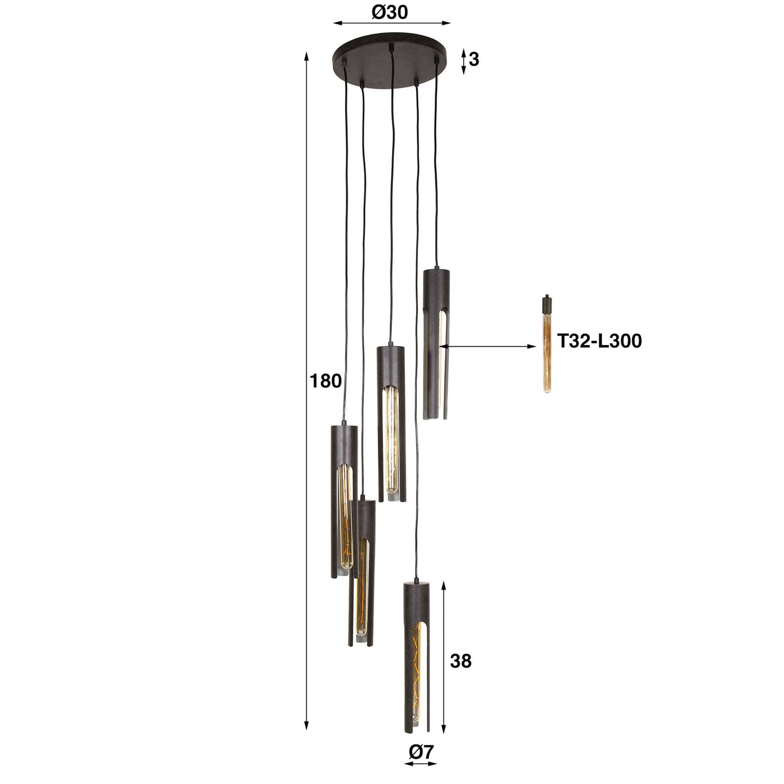 Lampa wisząca Tube, czarna, Ø 30 cm, metal, 5-punktowa